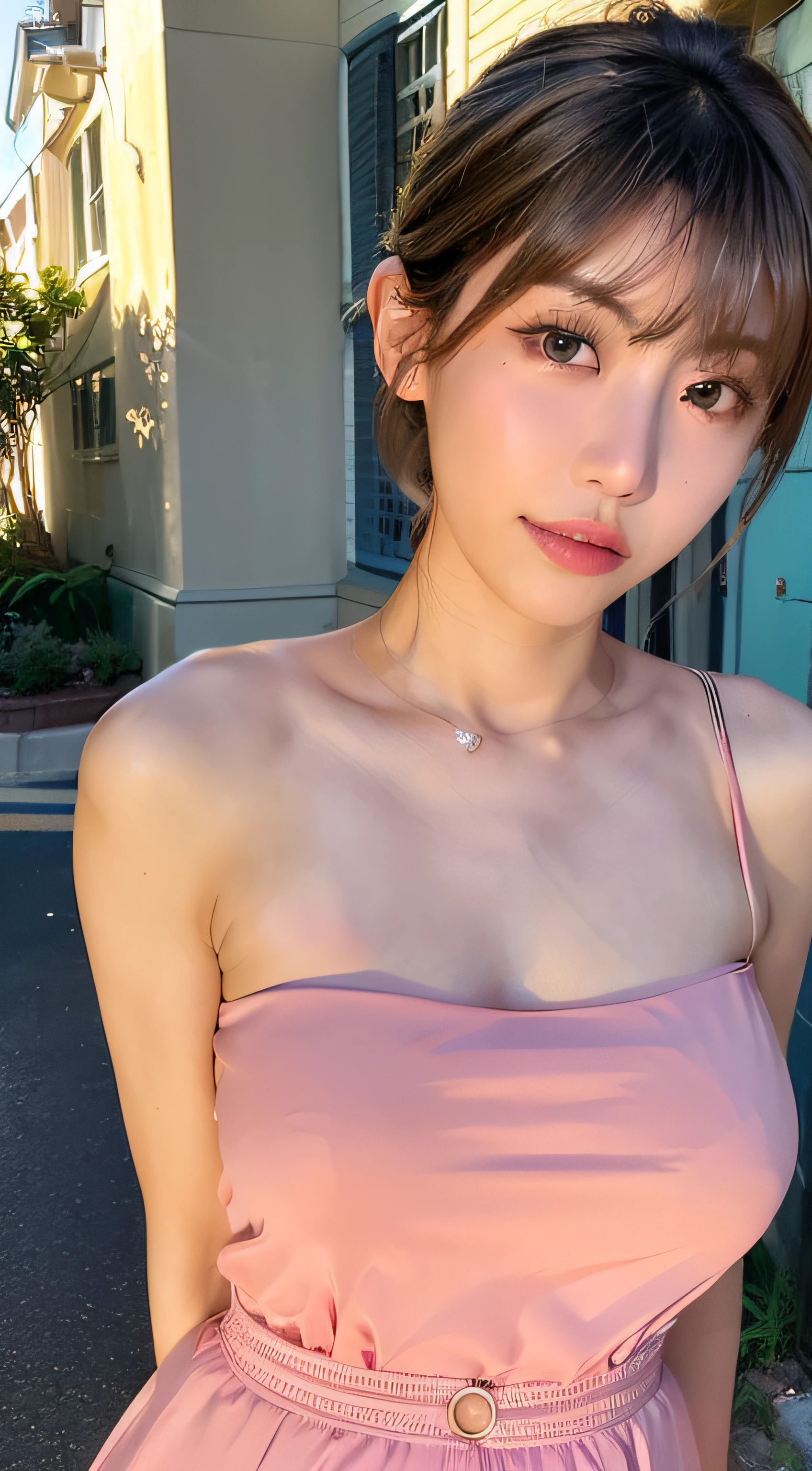 (8K, Raw photo, Best Quality, masutepiece:1.2), (Realistic, Photorealsitic:1.37), Best Quality, 超A high resolution, NFSW Backlit, light  leaks, Dynamic lighting, slim, Smooth skin,  (pureerosface_v1:1), bond, Kpop Idol, (Beautiful detailed eyes:1),(beautifull detailed face:1),(Freebuff:1.2), Outdoors, ulzzang-6500, 1girl in,Upper body, (:1.2), ,  from the front side, Front view,  Looking at Viewer, Huge breasts, arms behind back, Street, Sunlight,((Aya Ueto)),