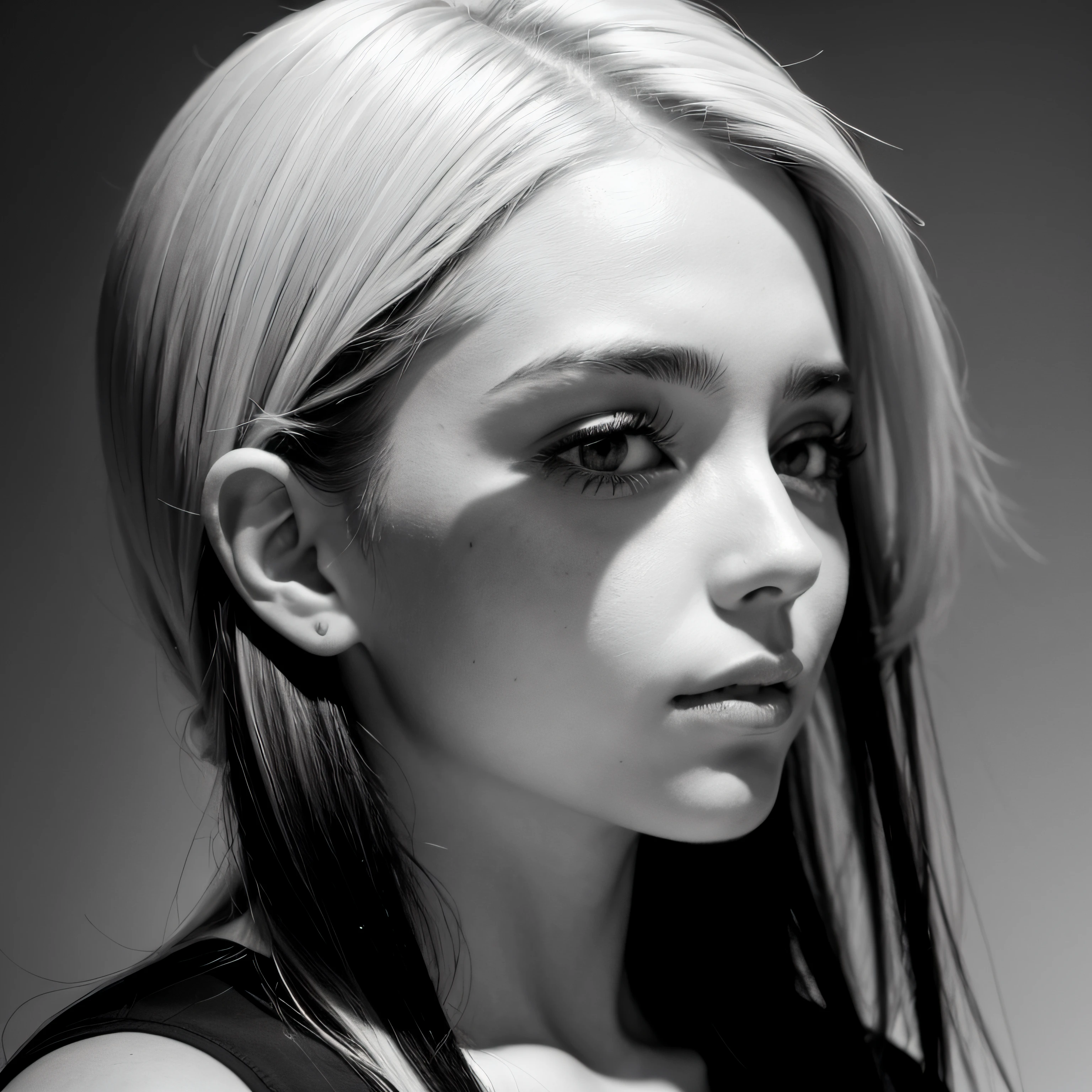 "Apply a top-down grayscale gradient. The bottom portion should be black and white."
