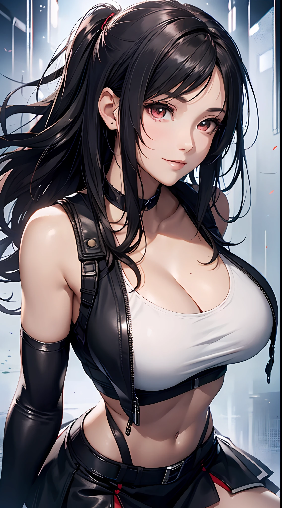 8k,tmasterpiece,bset quality,The large,(1个Giant Breast Girl),Tifa Lockhart,red_eyes,brunette color hair,long whitr hair,profesional lighting,(shiny skins:1.2),shiny big,((best qualtiy)),tack sharp focus:1.2,Highly Detailed Face and Skin Textur,Detailed eyes,s the perfect face,Perfect body,blur art,CG,Background with,20yo,Mature cool beautiful face,dressed in((Slip black skirt),black elbow gloves, white taut shirt,upper legs,Gilet blanc),Blushlush,Lively posture,(mittgal),Floating hair,Close-up above the chest,ssmile,cleavage