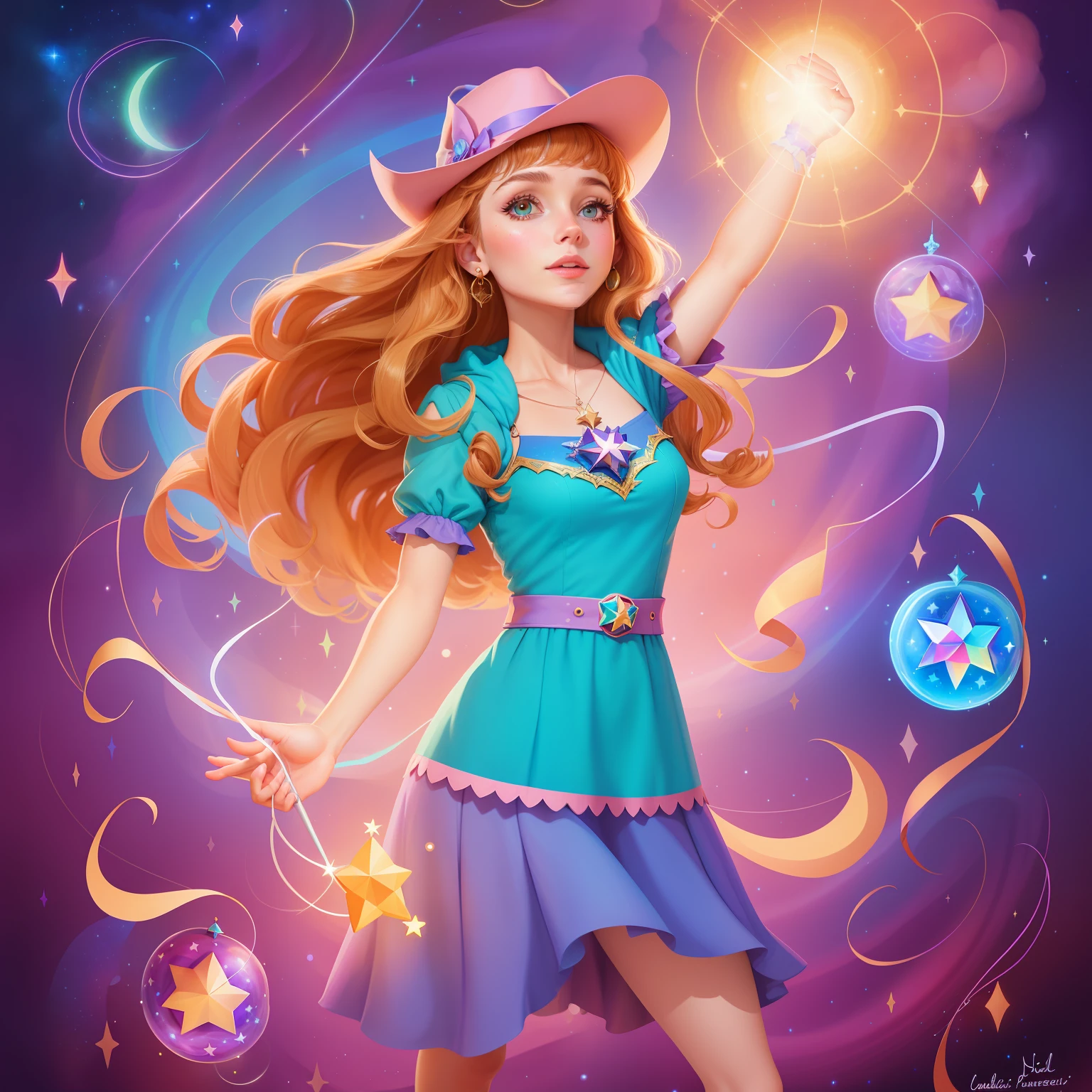 A cartoon girl in a blue dress and hat holding a star, Mago Celestial Lindo, estilo de arte disney, fanart oficial, Jen Bartel, mago bonito, Madeline, Celeste, bruxa brilhante, brilhando com magia, borboleta estrela, bruxa cowboy bonita, cosmic girl, uma jovem bruxa, inspirado em Harriet Powers, official character illustration, sorcerer magic witch