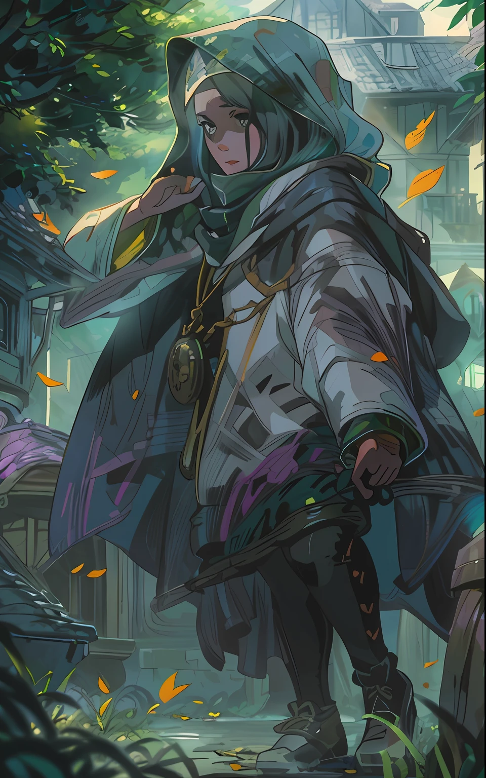 独奏, Woman in a cloak on a throne, Hands raised up, Two stones in the air, In the foreground is a sword stuck in the floor, In the background, a man stands behind, Realistic fantasy, 7K,A hyper-realistic, hyper-detailing, analog style, The wind whirls the leaves, The leaves are twisted into a spiral, The leaves fall off, , humble, An old cloak, detailed skin, Matte skin, soft-lighting, sub-surface Scattering, Realistic, Heavy shadow, Masterpiece, Best Quality, ultra realistis, 8K, the golden ratio, Intricate, high detail, Film photography, soft focus, Lonely girl in a raincoat with a hood on her head, An old scarf, wrapped around the head, +TRON, Ao fundo, Solo Man, Detailed appearance, Четкость 8 K, A huge loose rope weighs in front, In his hands, He's holding a huge rope, A whirlwind of leaves beneath your feet, BREAK , Illustrate a monochromatic world with the addition of green, Use only shades of black, White & gris, To convey depth, Emotions and striking visual impact. Landscapes."street fighter", in the style of 0MIB, many people, slums