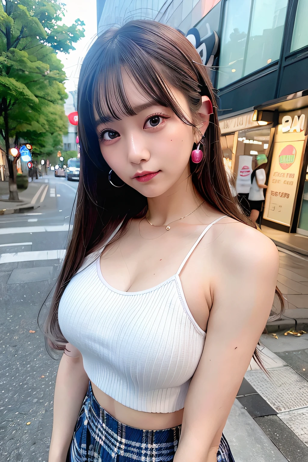 top-quality、超A high resolution、(Photorealsitic:1.4)、女の子1人、Plaid shirt、White flared skirt、piercings、(faded ash gray hair:1)、(huge-breasted:1.2)、looking at viewert、a closeup、in a street, natta, neon light,