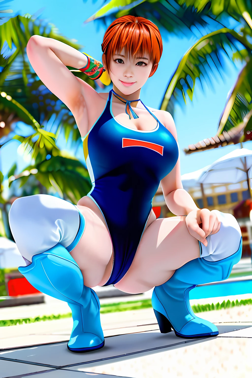 Top image quality、top-quality、8K picture quality、1girll、full body Esbian、Kasumi、poneyTail、Tie your hair with a yellow ribbon、a smile、embarrassed from、red blush、Beautiful fece、Light Blue Enamel、Sleeveless、High neck competitive swimsuit、hard 、(Big Penis :1.3)、Hollow in the crotch、Light Blue Enamel Knee High Boots Pin Heels、Squatting on the ground、Open your crotch wide from side to side、Arms behind your head、Show off your armpits、gazing at viewer、Face the viewer、Show viewers your crotch 、((Frontal shot))、in poolside、profetional lighting、professional photograpy