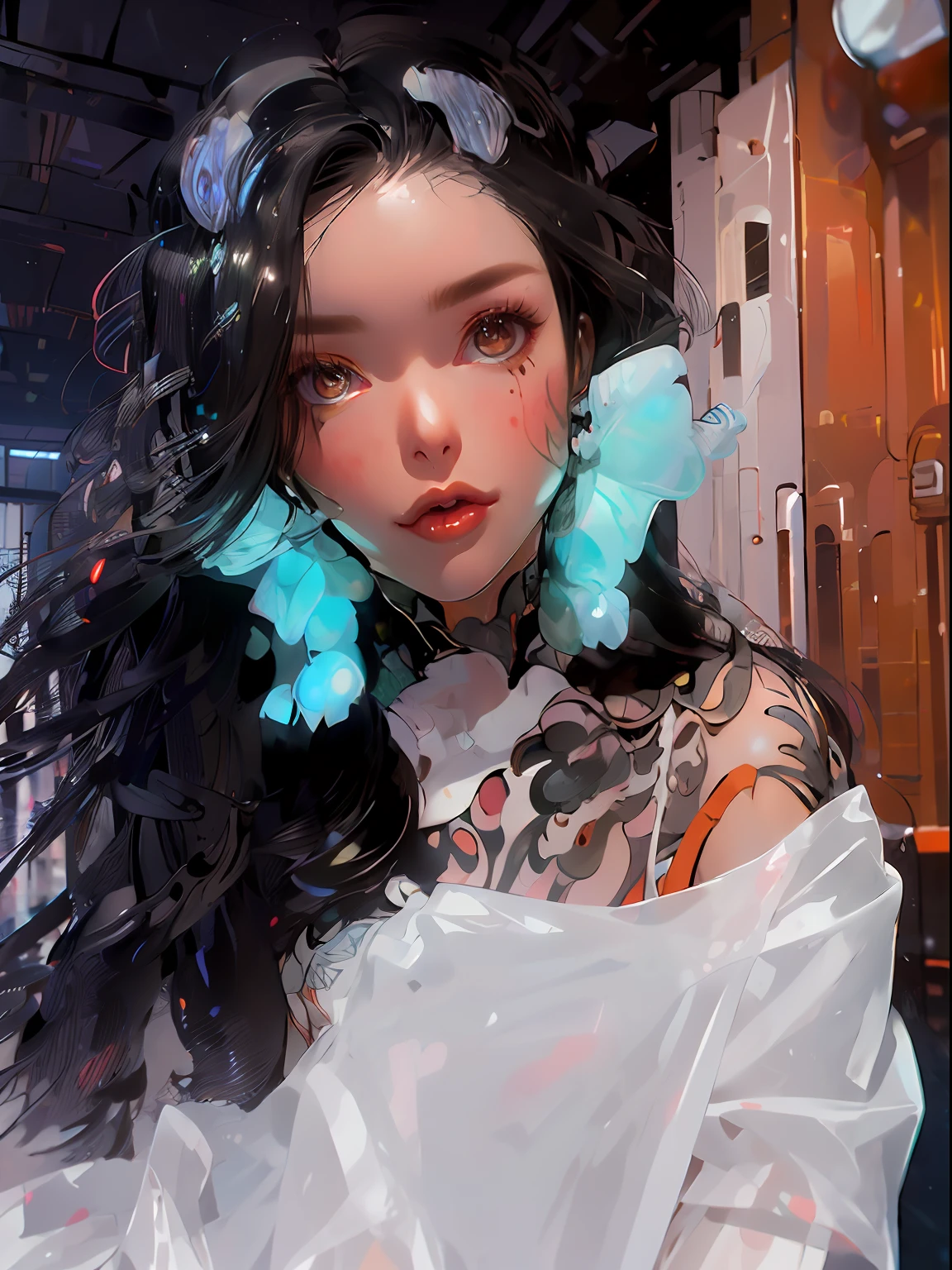1girl, long hair, black hair, blue eyes, smirk smile, cyberhanfu, cyber bikini, cyberwall, cyber city, inside a dance party, spotlights, DJ, mechanical parts, cat ear, wolf tail, porcelain skin, tan skin, orange clad, orange armor, orange body suit, white gloves, white headset, wolf tail, crouching, ((open legs)), (((open navel))), revealing breast, (((huge breast))), ((cleavage)) , (masterpiece:1.5), (intricate detail:1.5), (cinematic:1.5), inside a machinery contraption, glass vials, messy room, cables, wires, machinery walls, giant magnet, standing in laboratory, back view, (extreme wide view:1.5)