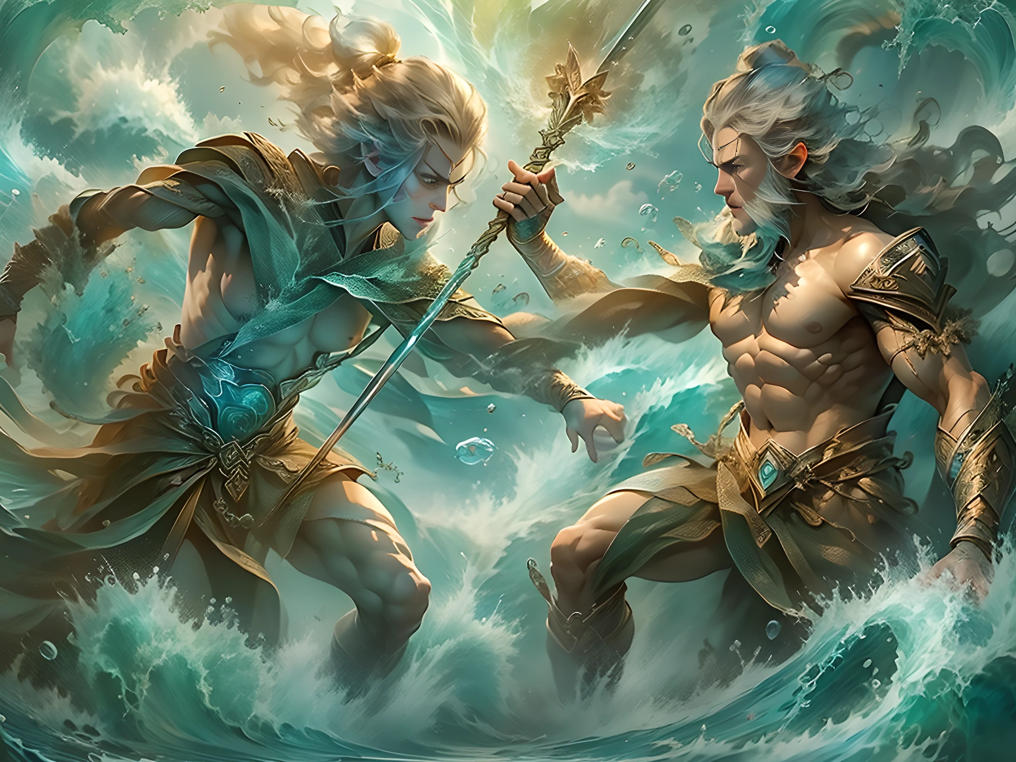 Poseidon vs. Neptune, epic battle, godly clash, trident and scepter, water and sea powers, intense rivalry, celestial beings, divine wrath, mythological showdown, powerful stance, epic mythological battle, oceanic forces, god of the sea confrontation.