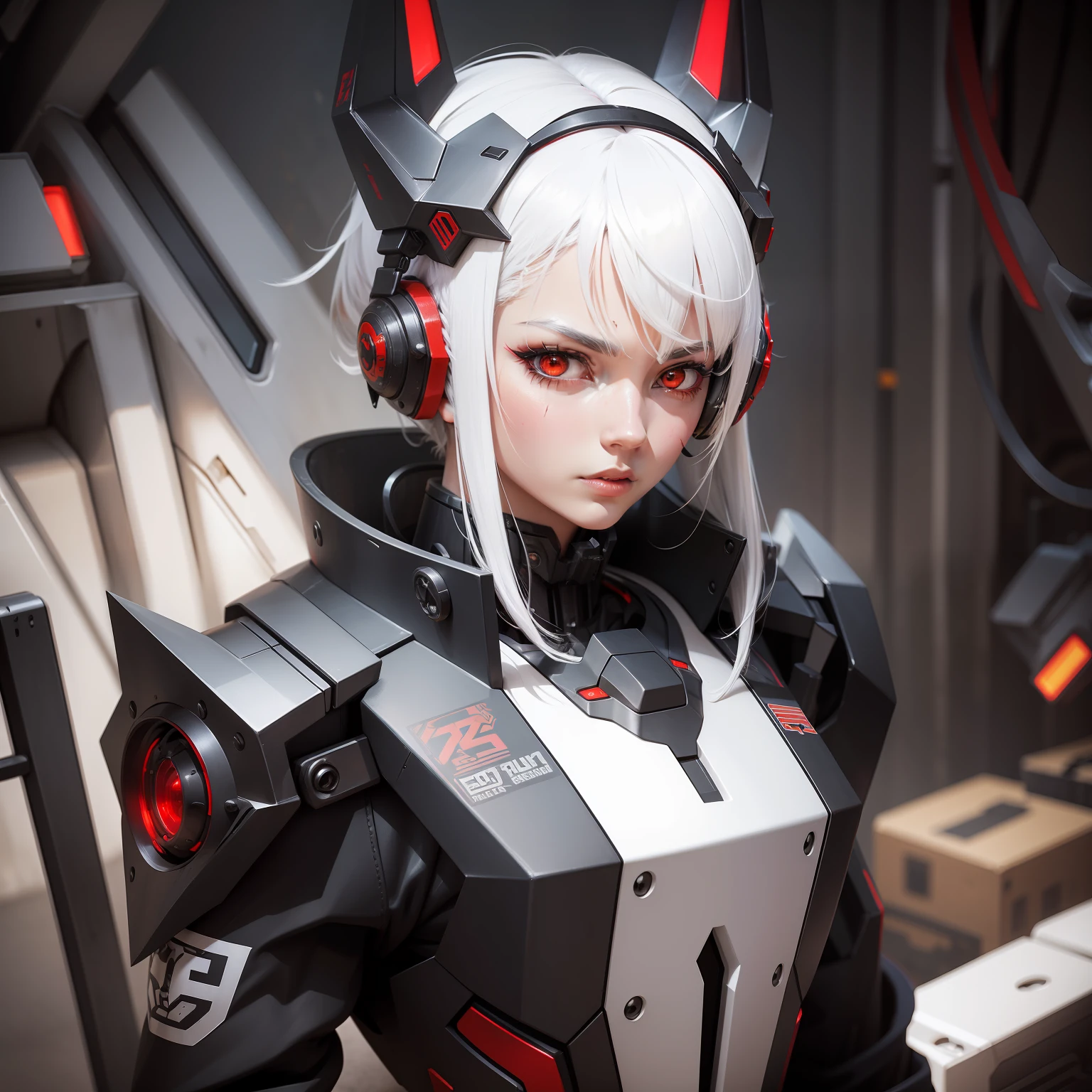 mechs,Machinary,Mechanical animal ears,White hair and red eyes