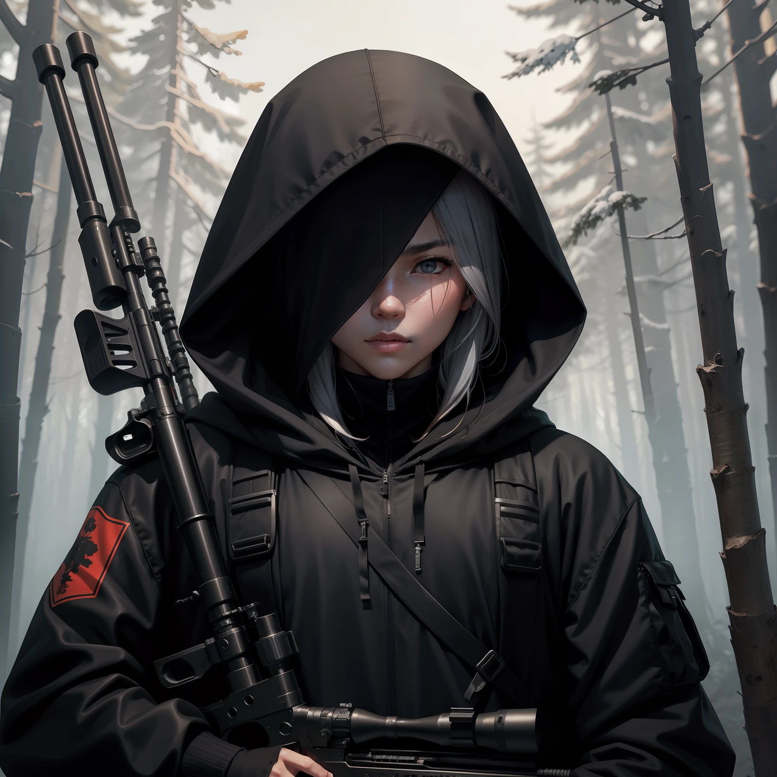 Gang leader,femele,Hooded black clothes,Hold a sniper rifle,Logging yards,ln the forest,In the daytime。