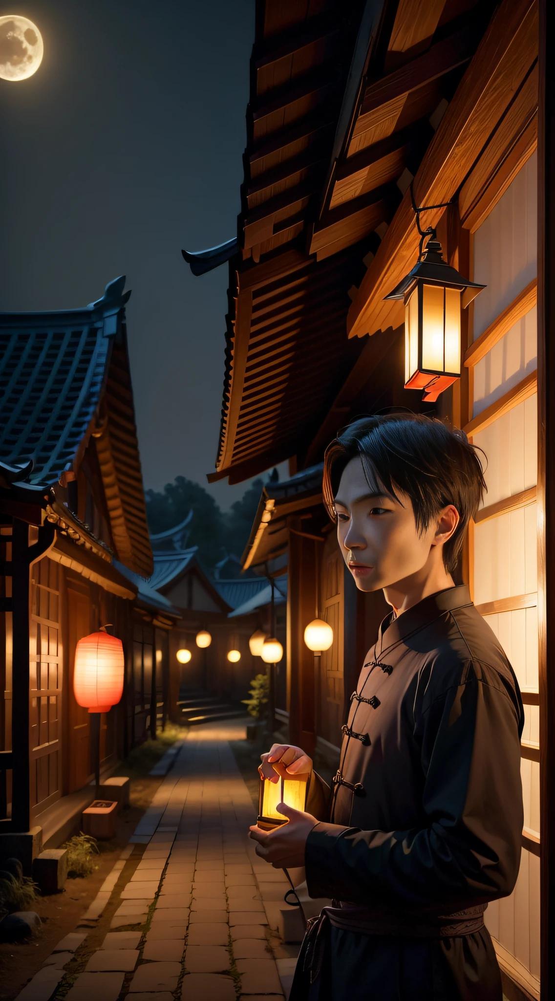 of a guy，Ancient Chinese civilians，with a lantern in hand，（Face the lens：1.5），natta，the night，themoon，Countryside，Rustic，paths，Wagas，house，Faraway view