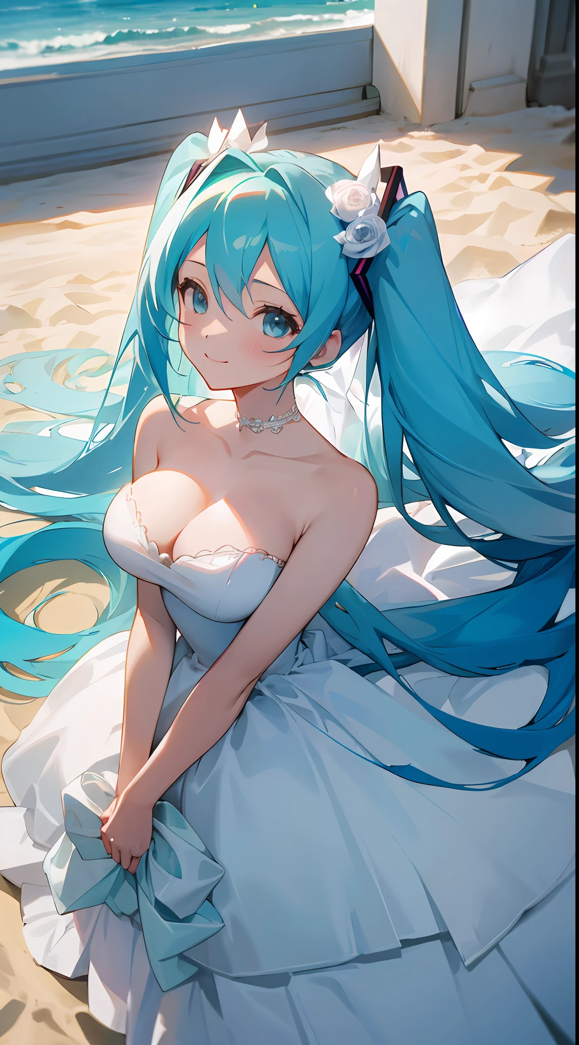 Big breasts Hatsune Miku,white wedding gown,ssmile,Gradient hair,Roses in hand,blue hair,sandbeach,Poor milk