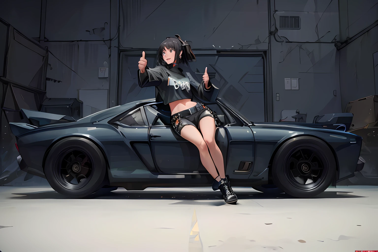 1girl in,Solo,((Best Quality)), ((masutepiece)), Highly detailed, 8K, From Side, drivers seat, holding steering wheel ,sitting in car, inside of a car, Thumbs up, Happy, excited,  (maturefemale:1.2), Black hair, tshirts, half-pants,