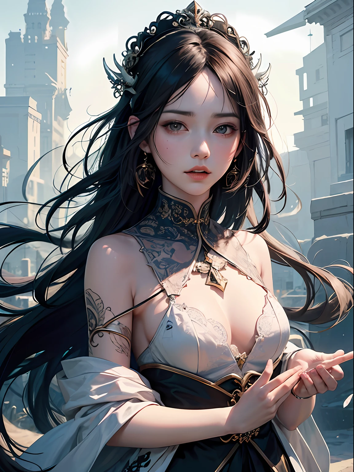 offcial art，统一 8k 壁纸，ultra - detailed，Beauty and aesthetics，tmasterpiece，best qualtiy，（zentangle，datura，Tangles，entangled），（s fractal art：1.3），1girll，The is very detailed，dynamic angle，cow boy shot，The most beautiful form of chaos，elegant，Fauvist design，vivd colour，romanticism lain，James Jean，Robbie Devi Antono，ross tran，Francis Bacon，Michal Mraz，adrian ghenie，petra cortright，Gerhard Richter，Takato Yamamoto，Ashley Wood，Atmospheric，A note of ecstasy，streaming musical notes visible，Dragons and People