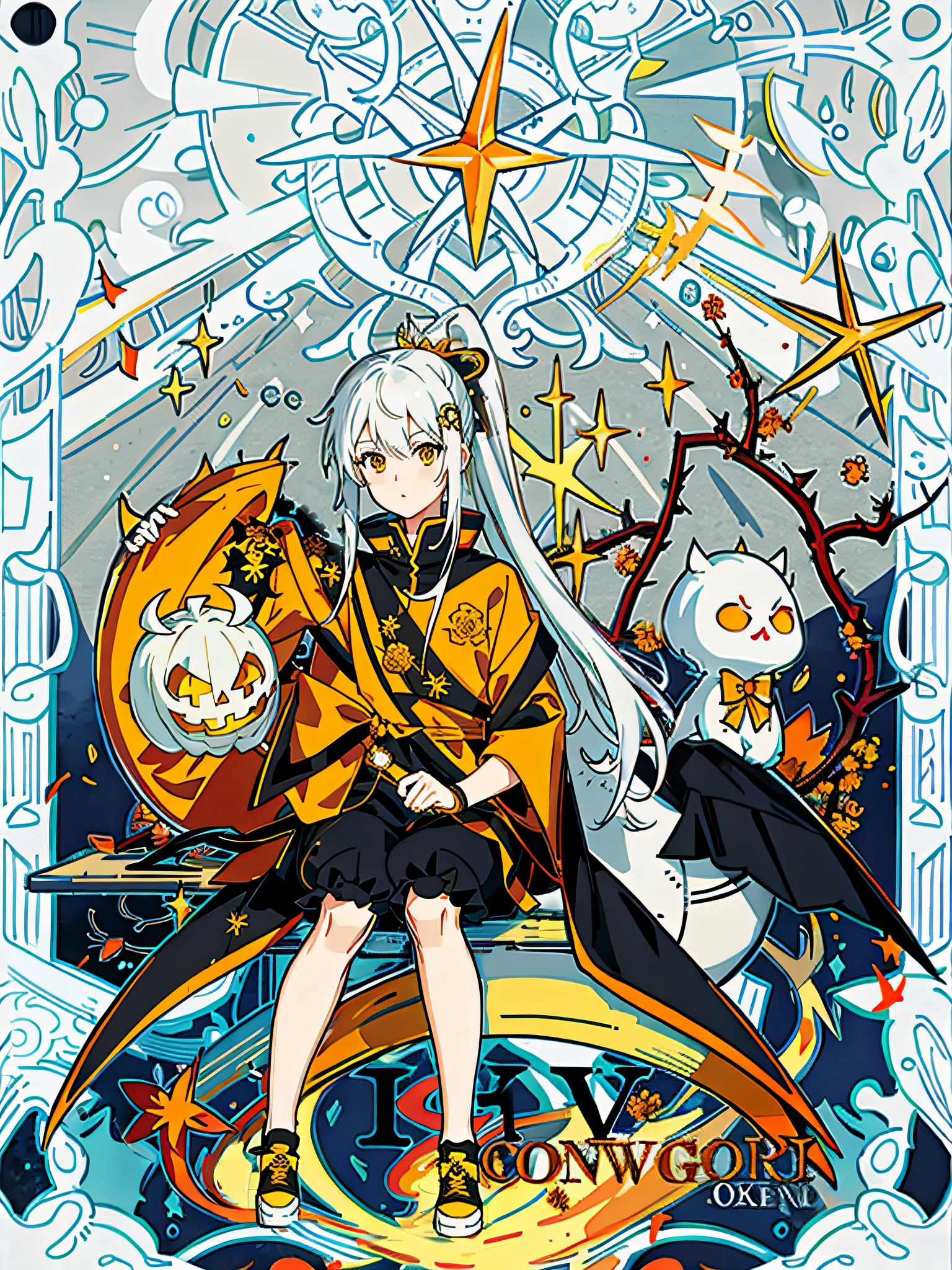 Draw high-quality color sketches，Depicts a girl sitting on a stone，She was holding a bird in her hand。Inspired by the Yellow God，Infused with the Ninja Goto art style of the Dragon King。The girl's styling is the creation of author Yuki Ogura，In she has a silvery-white single ponytail，Wearing a skeleton hairpin。She wore an orange dress and a yellow undershirt，Wear yours with black shorts and Halloween-inspired black trainers，The body is wrapped in thorns and vines。style de carte de tarot，Tarot Stars，Wrapped in thorns and vines，Wrapped in thorns，The body is wrapped in vines，Vines and thorns wrap around the body！