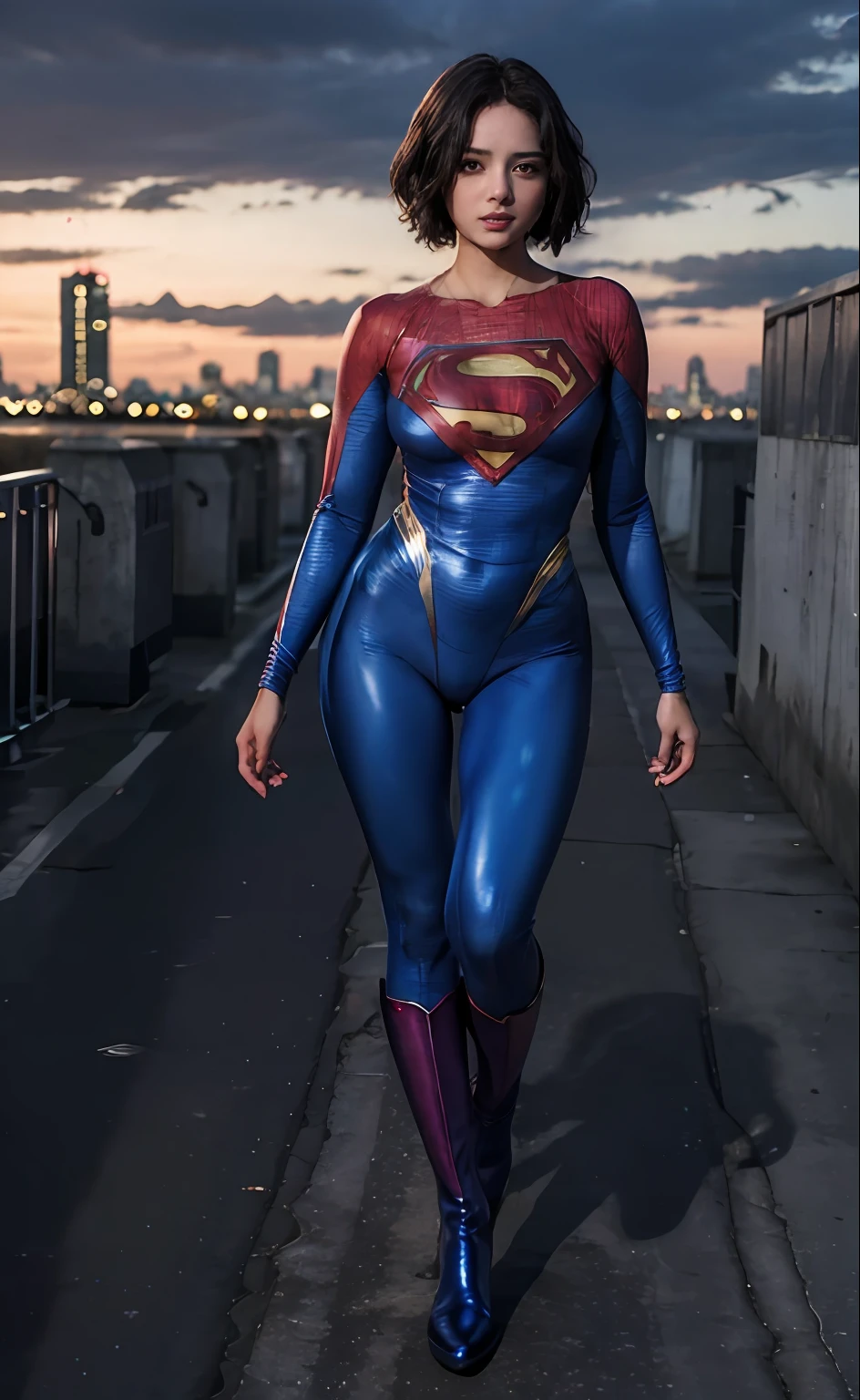 1girl, (twilight), short hair, 
(looking at viewer,( lip biting )), supergirl, cityscape, (flying),blue sky,cloud,parted lips,blue tights and boots,
intricate details,highly detailed,shiny hair,shiny skin,8k resolution,( full body)