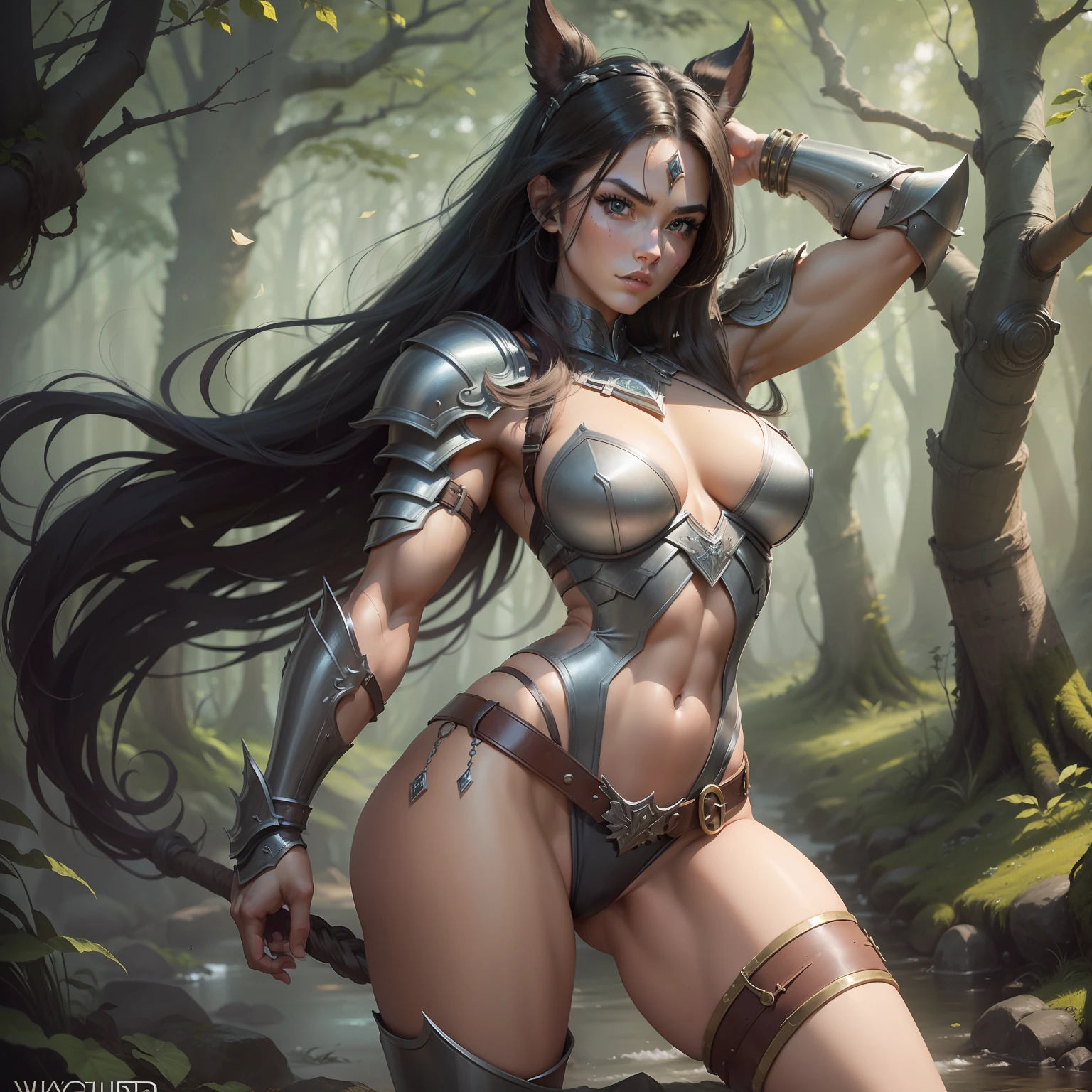 Warrior Girl, Muscular, leather sexy armor, Beautiful muscles, naked legs, slim, beautiful, hairlong, Fantasy Forest, beatiful face, precise proportions, Perfect natural body, pretty eyes, A high-quality masterpiece