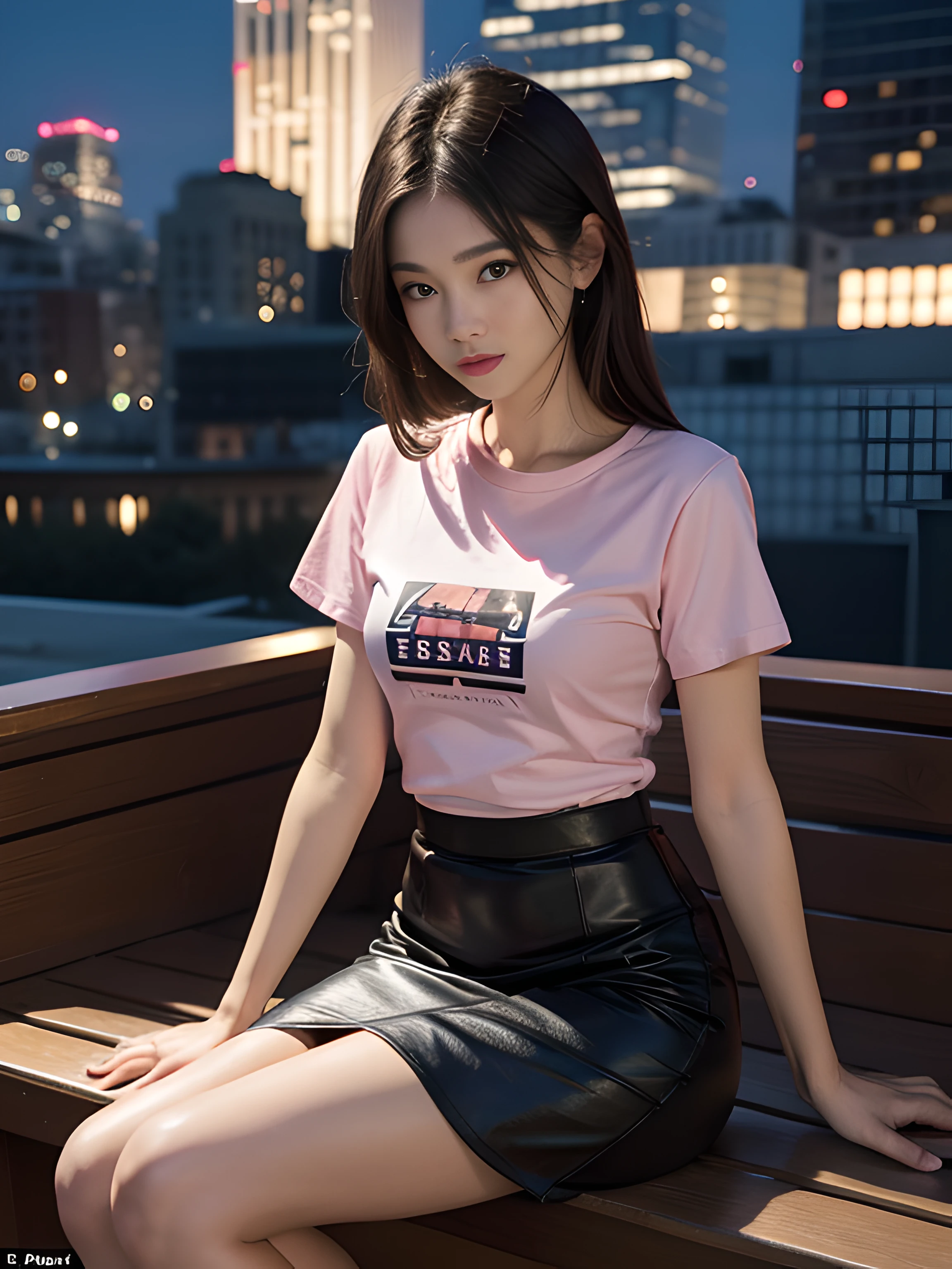 ((midynight, Acura, 8K, tmasterpiece: 1.3)), full bodyesbian, long leges, Focalors: 1.2, perfect figure beautiful woman: 1.4, Slim abs: 1.1, (dark brown hair,: 1.2 )), (Pink skinny T-shirt, short skirt,sitting on a stool: 1.2), (city night scene, the roof: 1.3)), Highly Detailed Face and Skin Textur, detailedeyes, 二重まぶた,