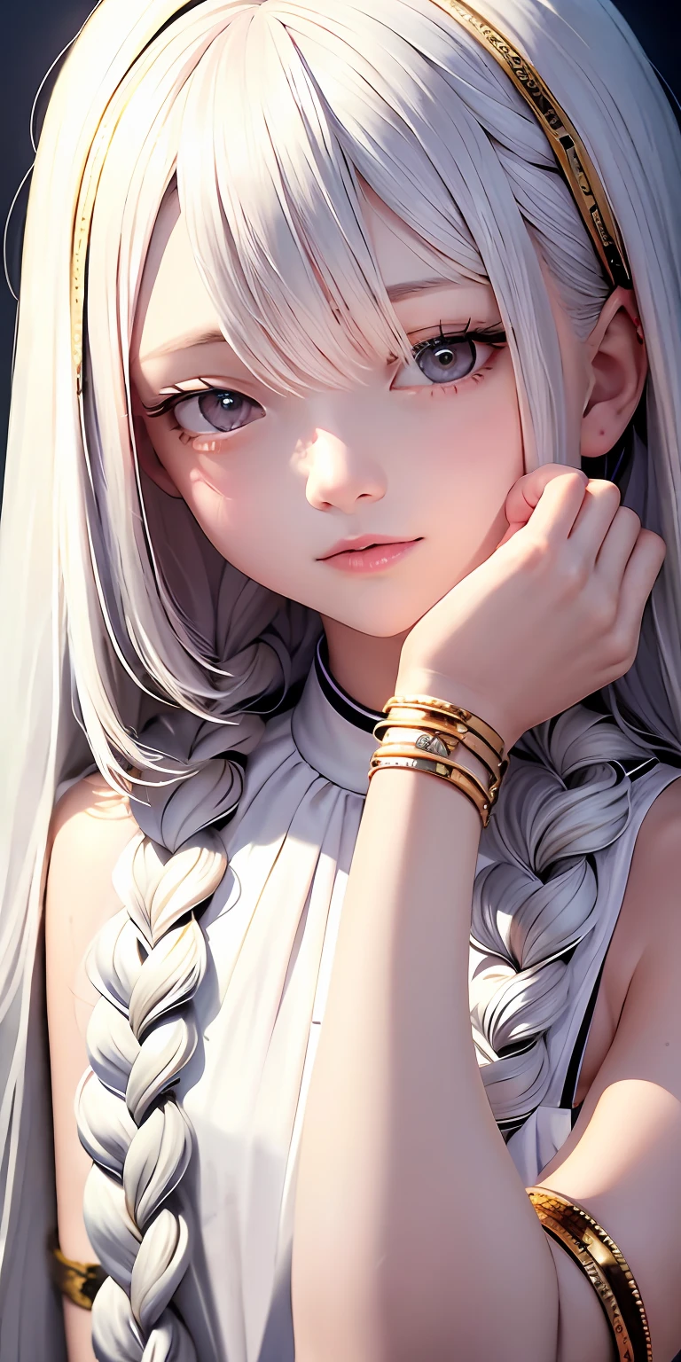 best quality, masterpiece,white hair, gold eyes,white clothes, looking up, upper body,hair strand,Fair skin,side braids