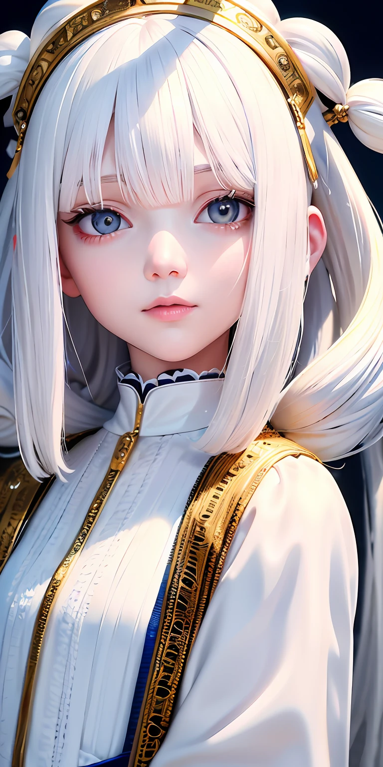 best quality, masterpiece,white hair, gold eyes,white clothes, looking up, upper body,hair strand,Fair skin,side braids