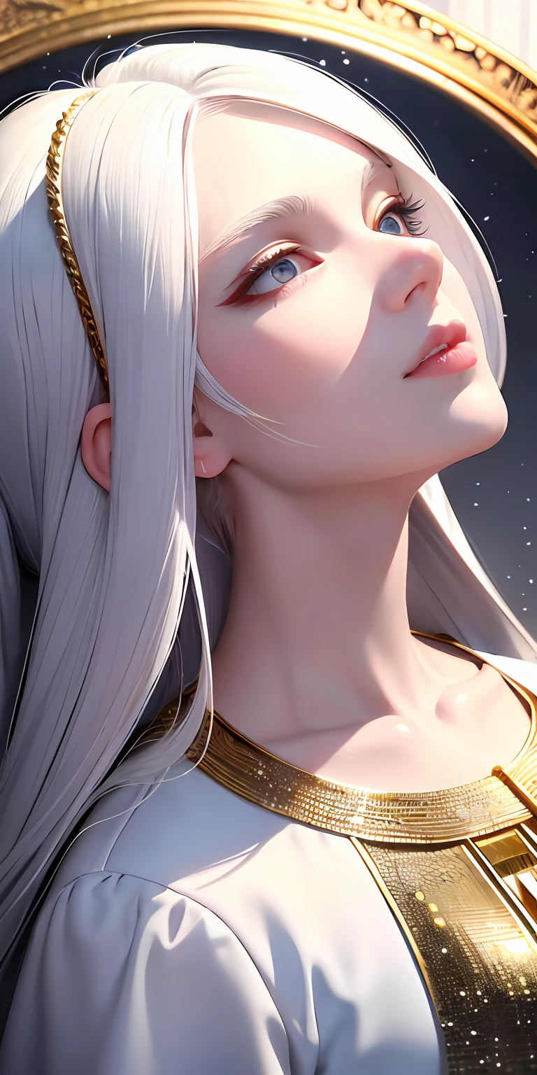 best quality, masterpiece,white hair, gold eyes,white clothes, looking up, upper body,hair strand,Fair skin,side braids