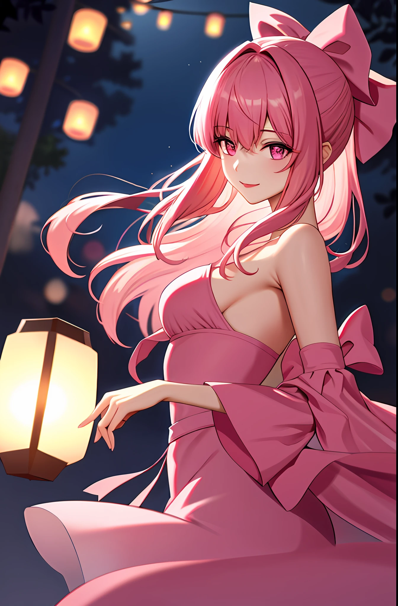(Extremely delicate and beautiful:1.2),1girl, By bangs, Pink eyes, bblurry, blur backgroun, Bow knot, A pink-haired, Keep one's mouth shut, seen from the side, hair between eye, Hair bow, lanterns, light particules, longer sleeves, looking at viewert,mid hair,the night,red bow,独奏,As estrelas\(sigature\),The upper part of the body,ssmile,Red lip pink