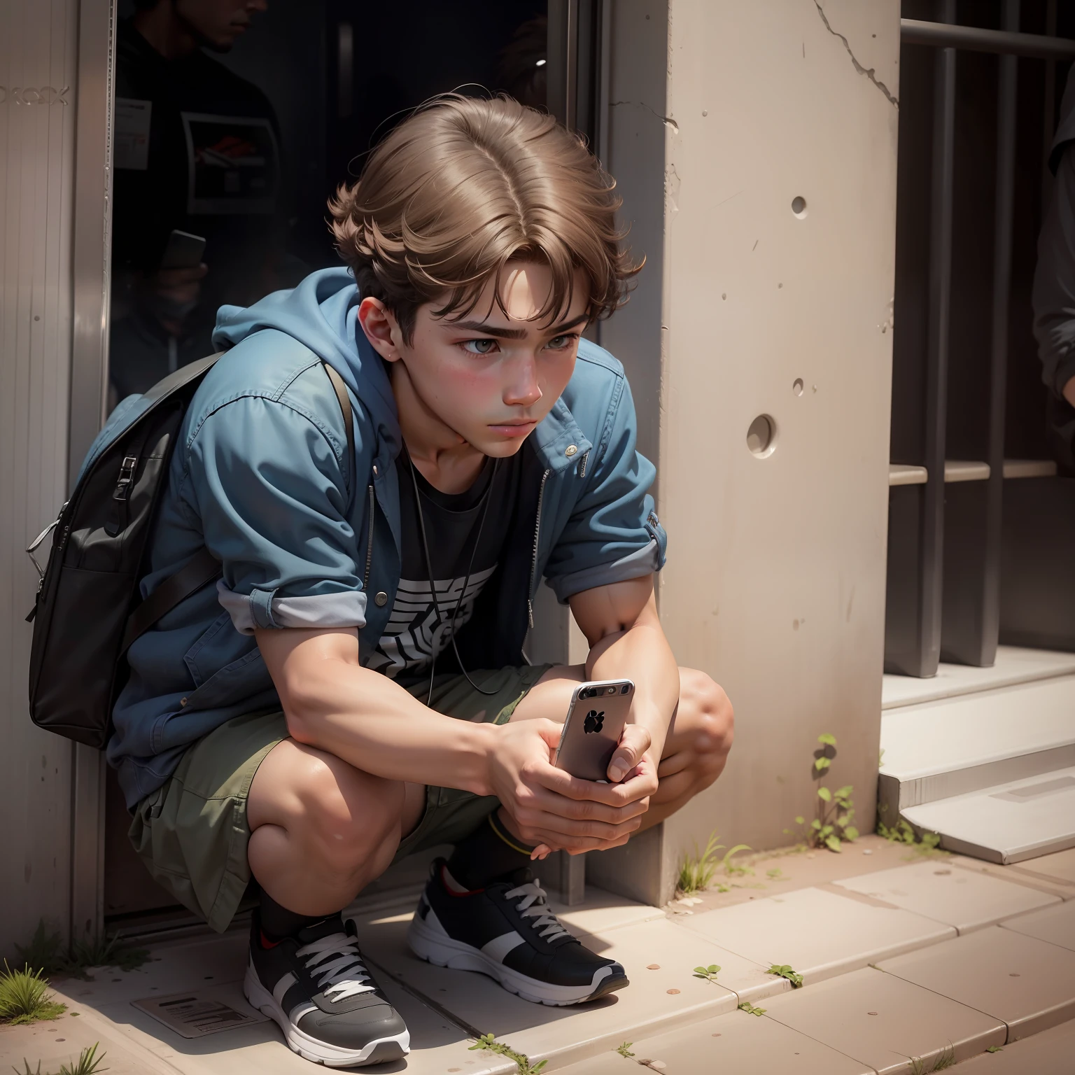 A ager squats on a subway playing with his mobile phone,Handsome teen