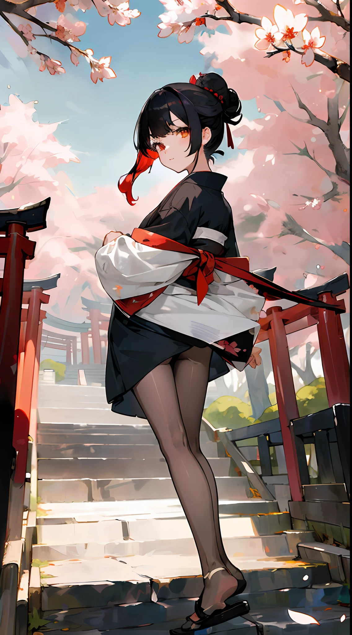 ((masterpiece,best quality)),2girls, black kimono, black pantyhose, no shoes, black ribbon, black hair, cherry blossoms, day, flower, hair bun, hair ribbon, japanese clothes, kimono, long hair, looking at viewer, looking back, multiple girls, obi, outdoors, red eyes, red hair, ribbon, sandals, single hair bun, stairs, standing, statue, torii, tree, white kimono, yellow eyes