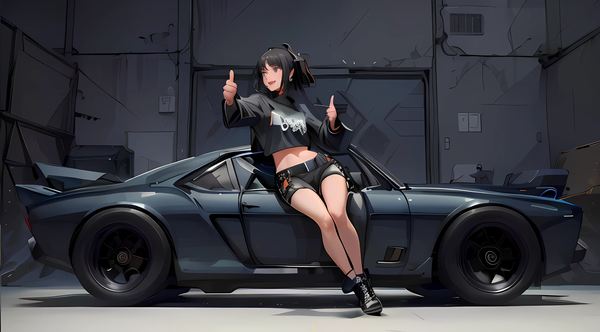 1girl in,Solo,((Best Quality)), ((masutepiece)), Highly detailed, 8K, From Side, drivers seat, holding steering wheel ,sitting in car, inside of a car, Thumbs up, Happy, excited,  (maturefemale:1.2), Black hair, tshirts, half-pants,