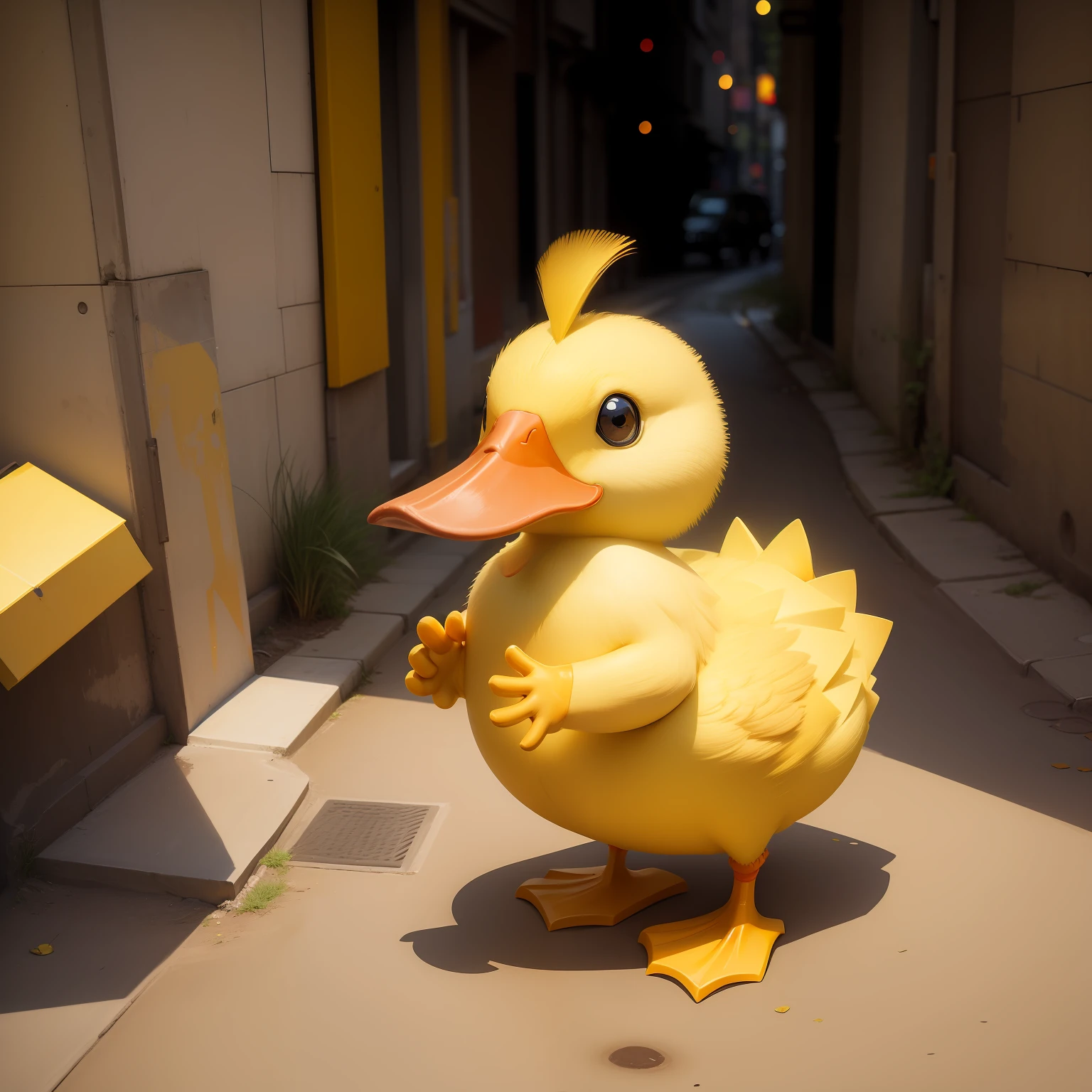 A yellow duck raising his hand, subindo escada