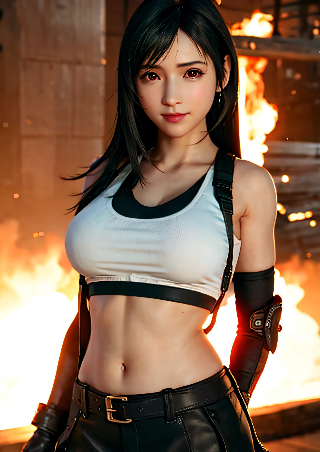 (Photorealistic: 1.4), top quality, very delicate and beautiful, high resolution, 1girl, tifa_lockhart, smile, cowboy shot, suspenders, low rise, mini skirt, tank top, tense shirt, black hair, long hair, elbow gloves, beautiful detailed red eyes, face light, movie lighting, navel, high exposure, abdomen exposure, ribs, abs, ( gigantic breasts: 1.2), dynamic poses, dynamic angles,