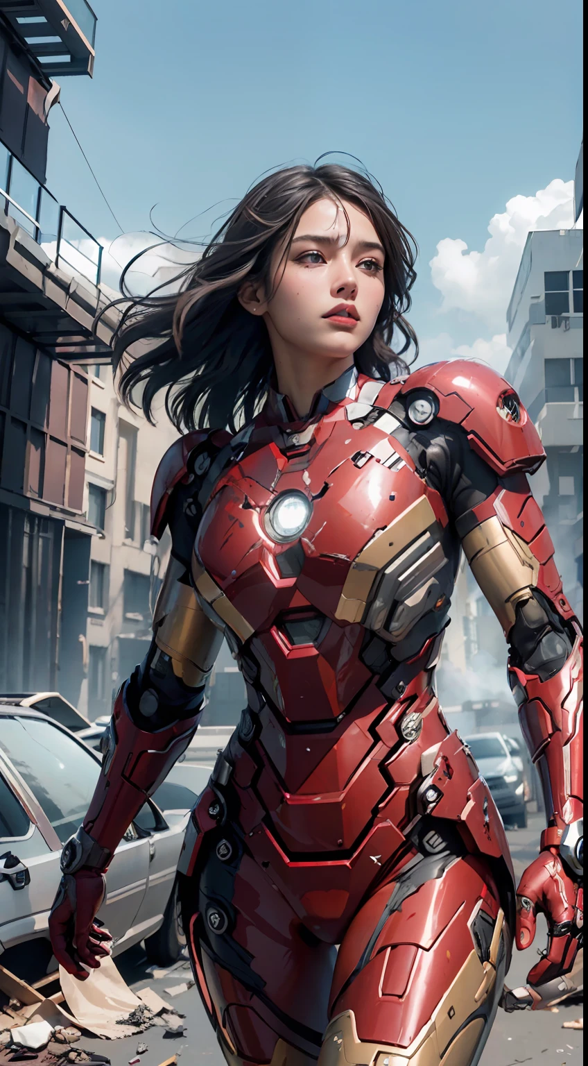 RAW, Masterpiece, Ultra Fine Photo,, Best Quality, Ultra High Resolution, Photorealistic, Sunlight, Full Body Portrait, Stunningly Beautiful,, Dynamic Poses, Delicate Face, Vibrant Eyes, (Side View) , she is wearing a futuristic Iron Man mech, red and gold color scheme, highly detailed abandoned warehouse background, detailed face, detailed and complex busy background, messy, gorgeous, milky white, high detailed skin, realistic skin details, visible pores , sharp focus, volumetric fog, 8k uhd, dslr camera, high quality, film grain, fair skin, photorealism, lomography, sprawling metropolis in futuristic dystopia, view from below, translucent