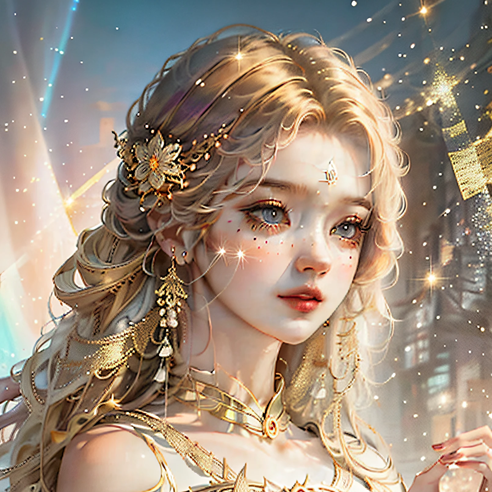 (masterpiece, top quality, best quality, official art, beautiful and aesthetic:1.2), (1girl), extreme detailed,colorful,highest detailed, official art, unity 8k wallpaper, ultra detailed, beautiful and aesthetic, beautiful, masterpiece, best quality, (zentangle, mandala, tangle, entangle) ,holy light,gold foil,gold leaf art,glitter drawing, PerfectNwsjMajic