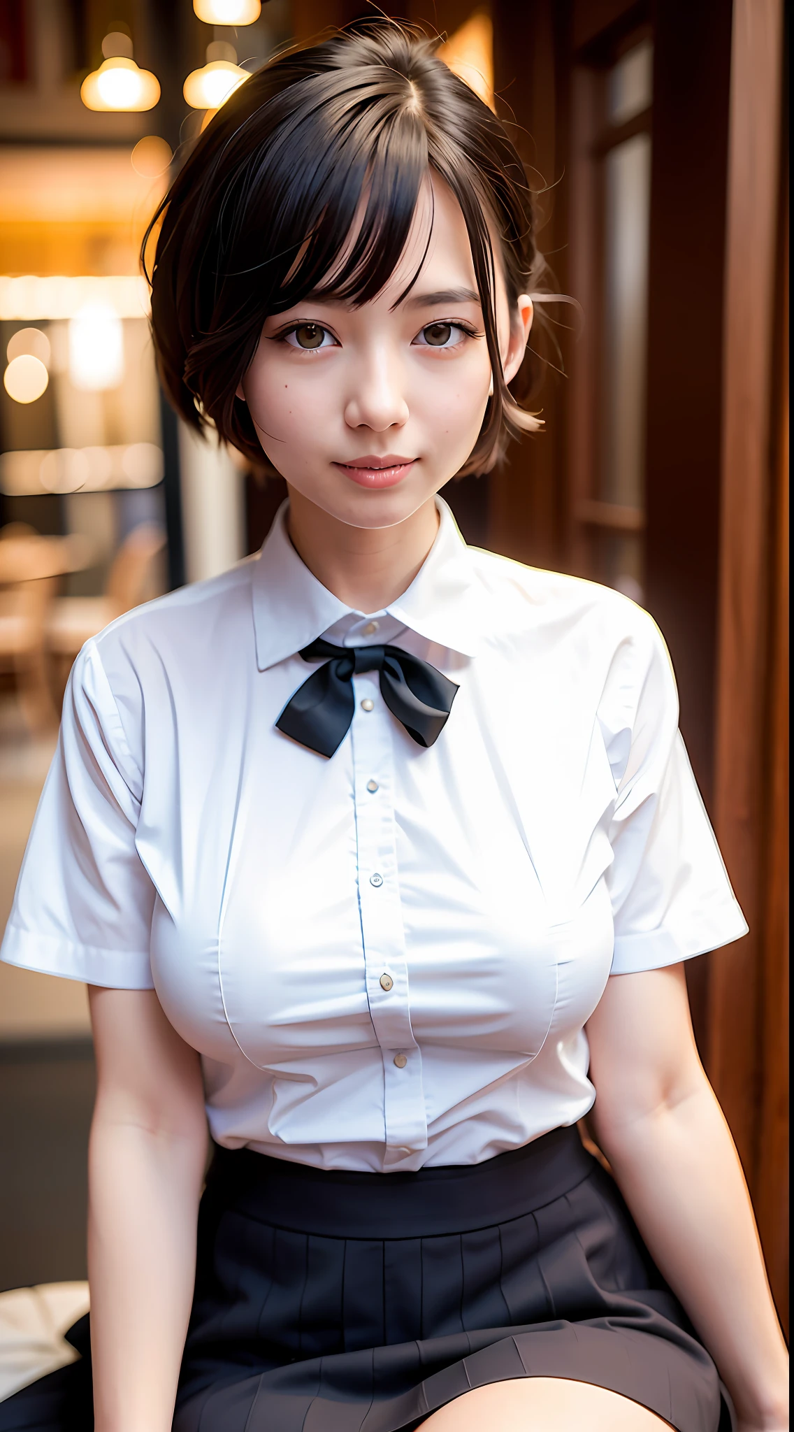 (8k, RAW photo, best quality, masterpiece:1.2), (realistic, photo-realistic:1.37), ultra-detailed,
1 girl,cute, solo,beautiful detailed sky,detailed cafe,night,sitting,dating,(nose blush),(smile:1.1),(closed mouth),large breasts, seductive smile, large aparture, professional lighting, Sony A7R4, Zessie 50mm F1.8,
medium breasts,beautiful detailed eyes,(collared shirt:1.1), bowtie,pleated skirt,(short hair:1.2),floating hair