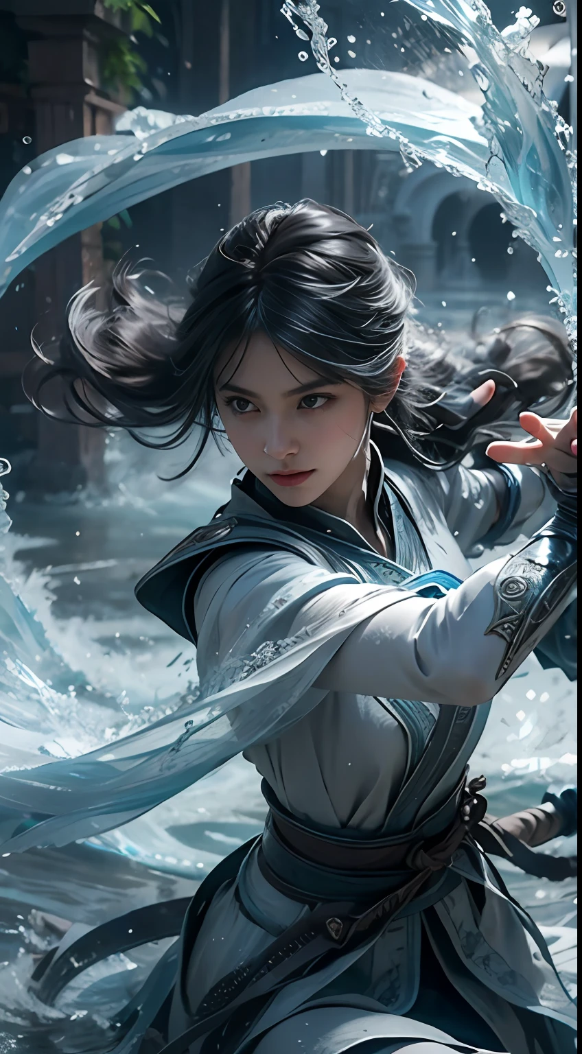 Single person floating in the air surrounded by water,photorealestic,swordsmen,ancient wind,magia,Best quality,hyper-high detail,A high resolution,8K,Delicate face and facial features,Long flowing gray hair,glowing light eyes,Authentic texture,Realistic art,Eau