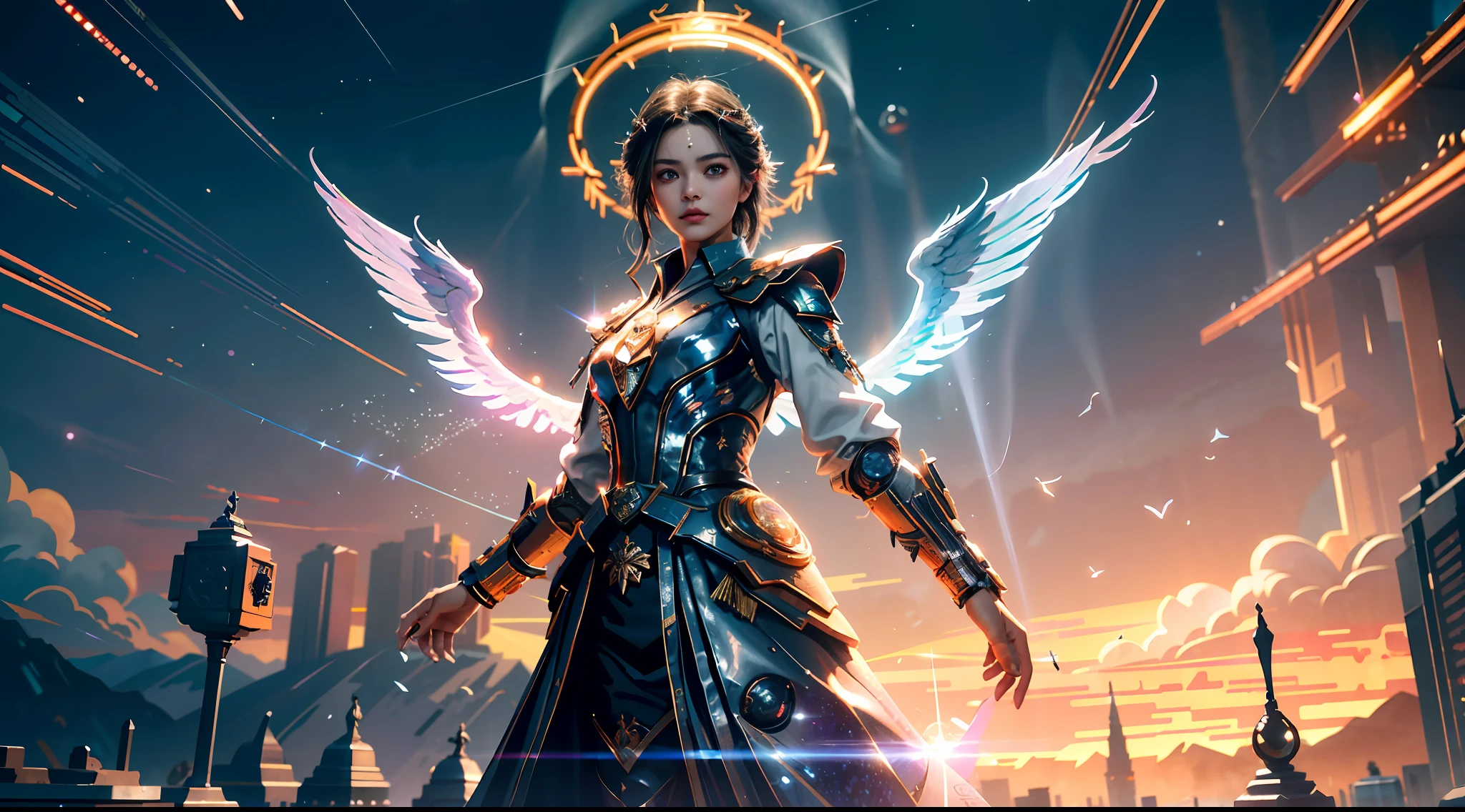 （tmasterpiece）， （best qualtiy：1.4）， absurderes， [：intricately details：0.2]， angelicales， the angel's wings， galactic， Skysky， A flashing halo， Strong focus， Crackling energy， Mysterious symbol， sparkling motes，城市，midynight，cyber punk perssonage