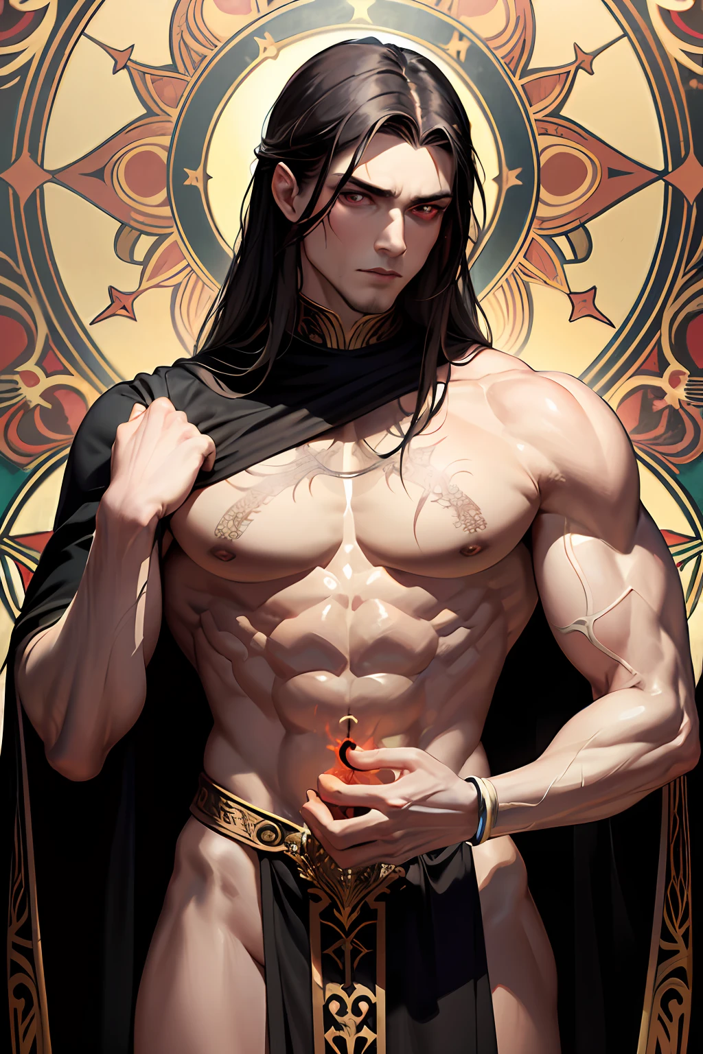 (absurdress, hight resolution, overdetalization), 1 male, grown up, cutest, tall muscular guy, wide shoulders, Detailed eyes and detailed face, beating magic, Winding flame, (Masterpiece, Side light, Fine Beautiful Eyes: 1.2), HDR, (Glowing Red Eyes)), muscular upper body, (glowing tattoo), Handsome long-haired man, black hair, musculature, Sateen, a handsome, facing the camera, Masterpiece Durak \tarot\, bard, clown, Symbolism, visual art, occultism, Universal, Vision Casting, Philosophical, Iconography, Numerology, Popularity, an artistic, by Alphonse Mucha