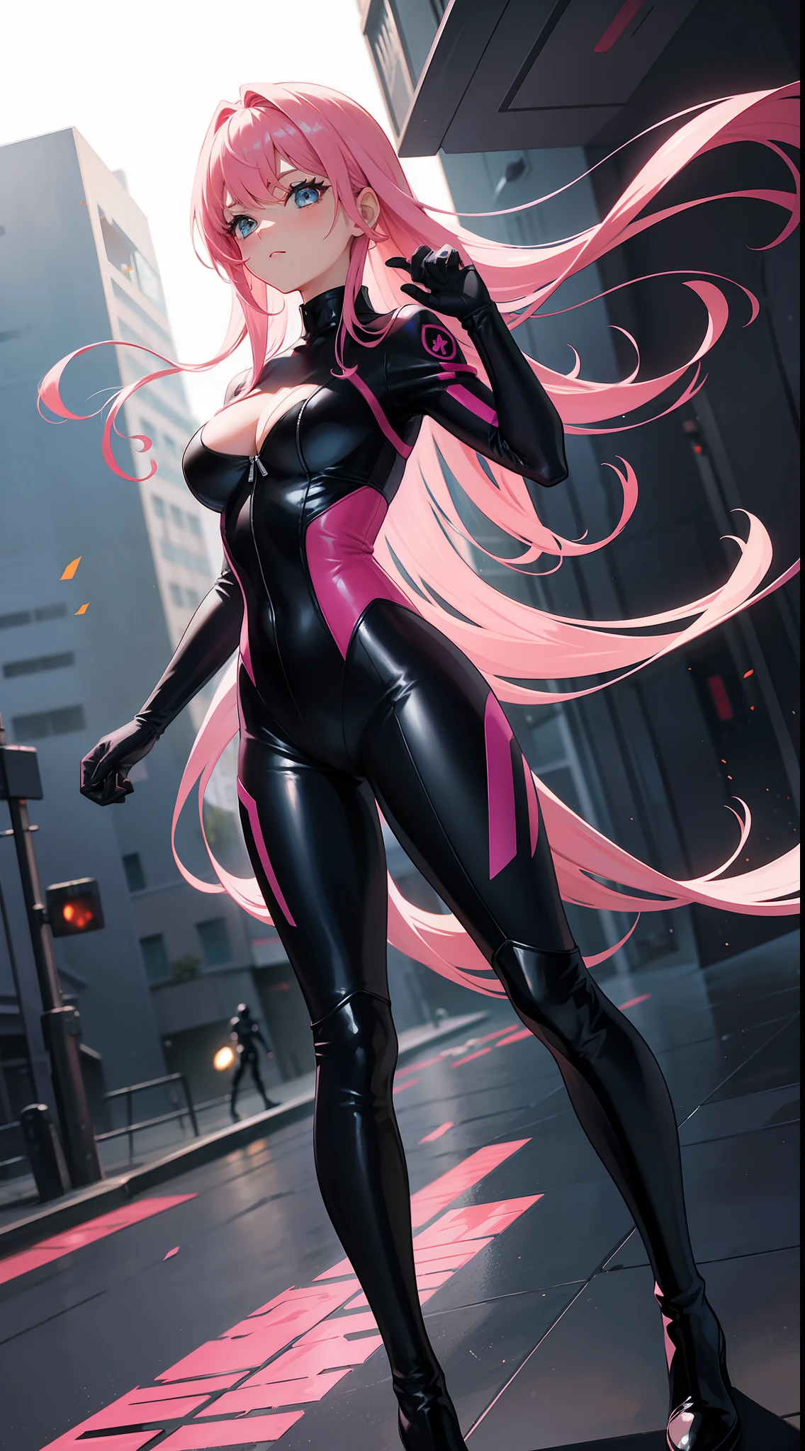 A pink-haired,Sci-fi combat suit,tightsuit,long black gloves,black pantyhoses,black thigh boots