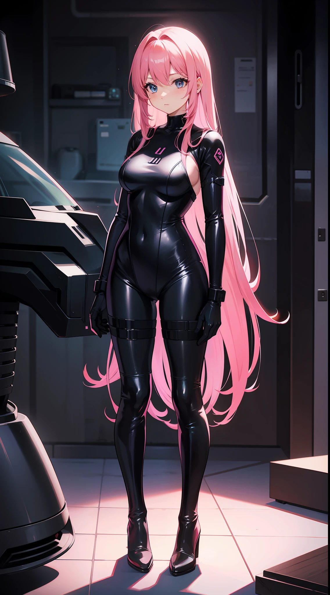 A pink-haired,Sci-fi combat suit,tightsuit,long black gloves,black pantyhoses,black thigh boots