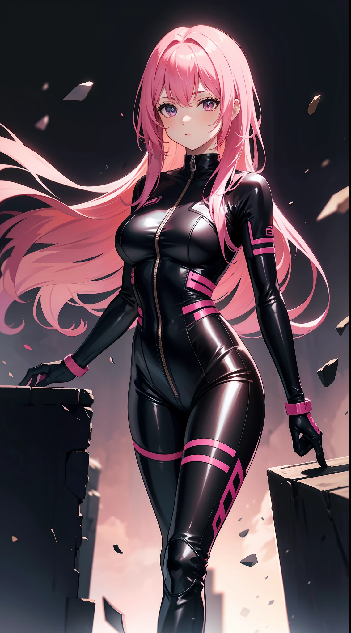 A pink-haired,Sci-fi combat suit,tightsuit,long black gloves,black pantyhoses,black thigh boots