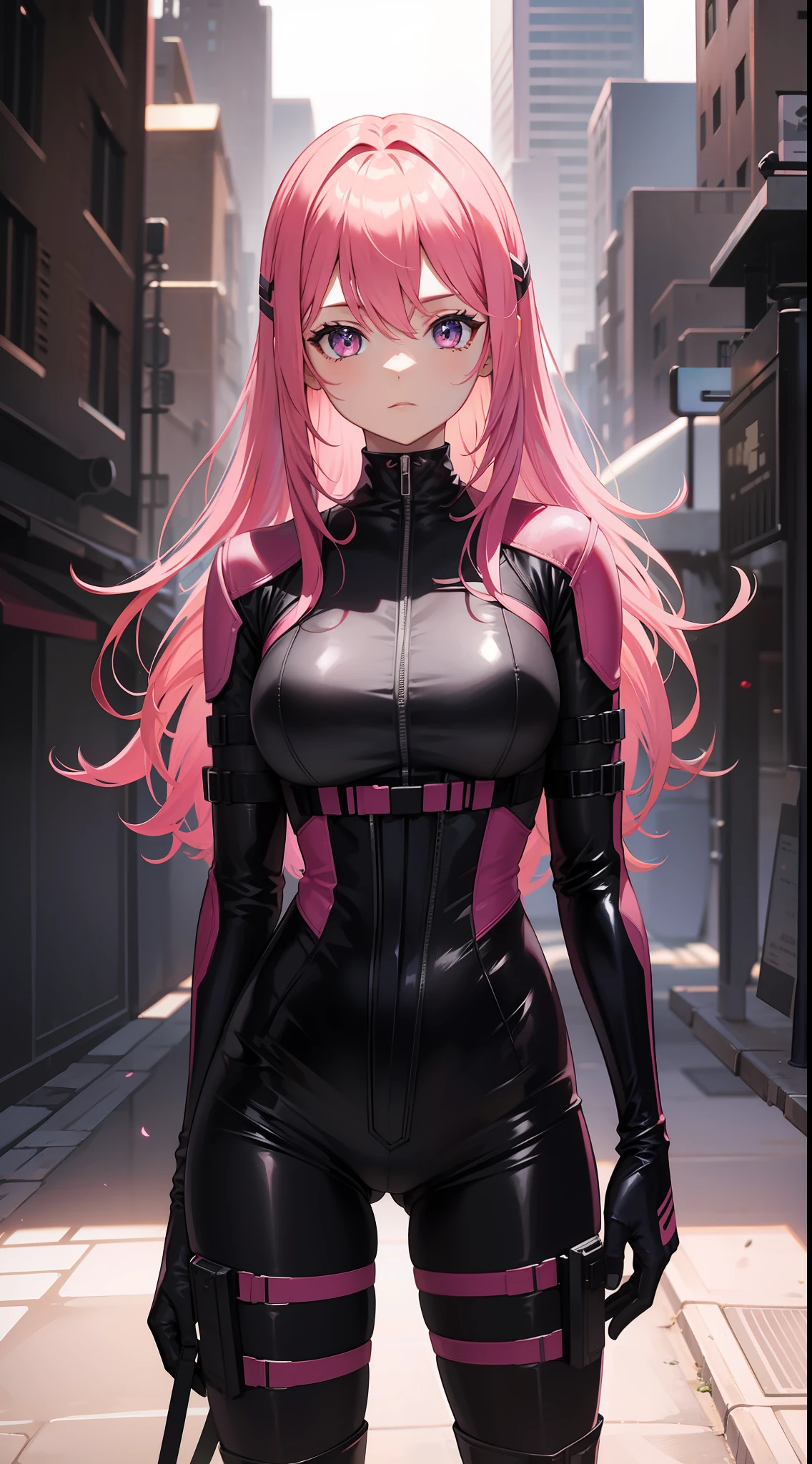 A pink-haired,Sci-fi combat suit,tightsuit,long black gloves,black pantyhoses,black thigh boots