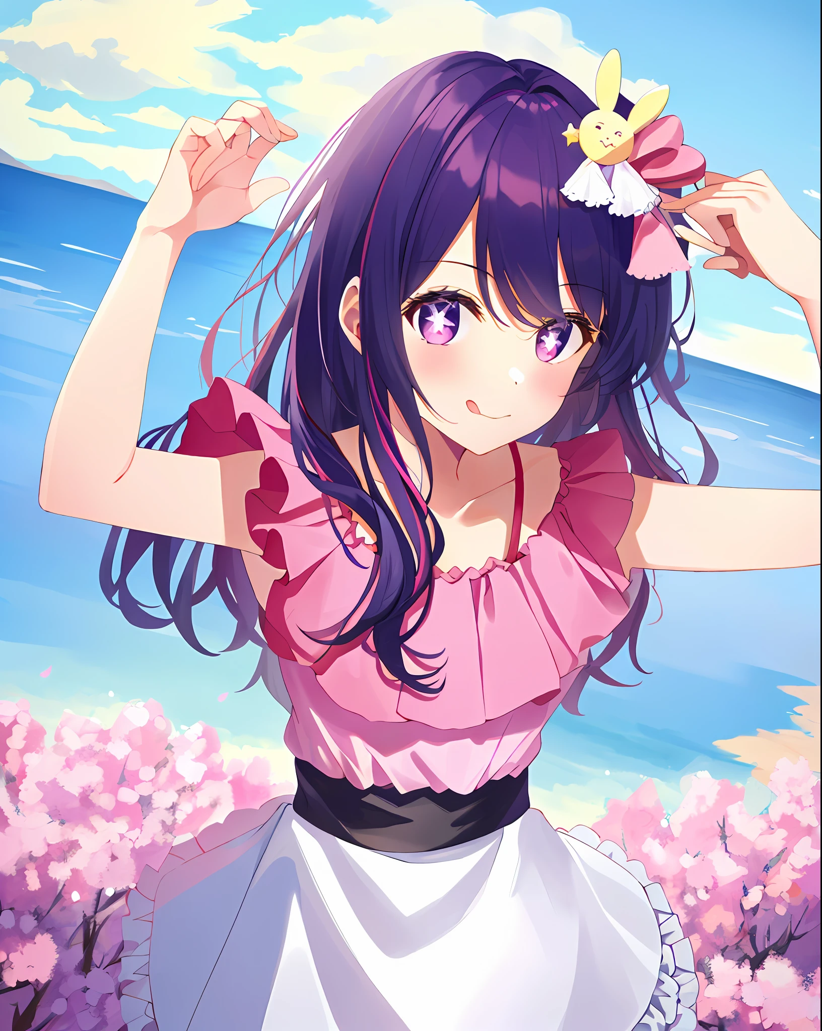 1girl, full bodyesbian, Cowboy photos, (Rembrandt), illustration, (masterpiece), (best quality), (ultra_detailed), finely detail, (Depth of field), HshinoAi, mitts, Stick out her tongue, Tongue stock, long whitr hair, pop star\ (symbol\), looking at viewer, (purple hair:1.2), purple eyes, upper body, hair ornament, :p, frills, pink shirt, smile, sleeveless, shirt, idol, symbol-shaped pupils, hands up, Brags smiles,无袖,The shirt,idoly,symbol-shaped pupils,Raise Hand,By bangs,One side facing up,star-shaped bule pupils,Arms up,Skirt pulling,roaring twenties,isometry,looking from above,Skysky,blossoms,beachside