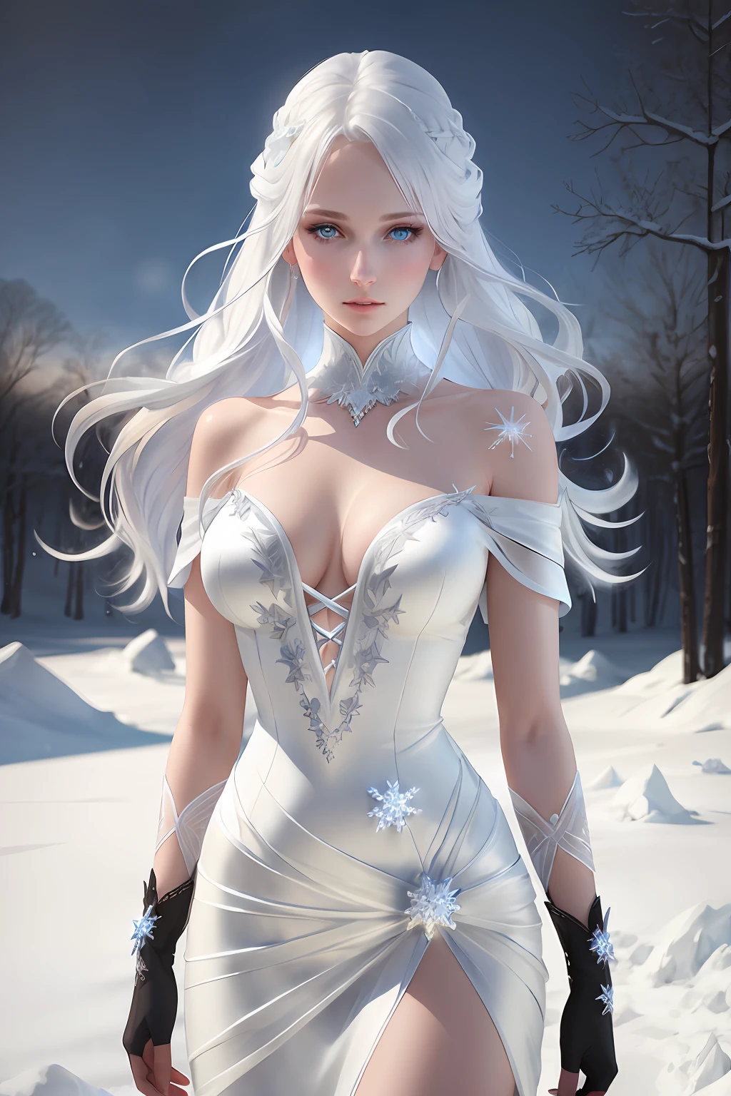 A  girl, Slender figure, intricate dress, Lush breasts, Mistress of the Ice, the wind, frost, white colored hair, Cyan eyes, snowflakes, cold gaze, gems, hiquality, Detailed study, Soft rendering, realistness.