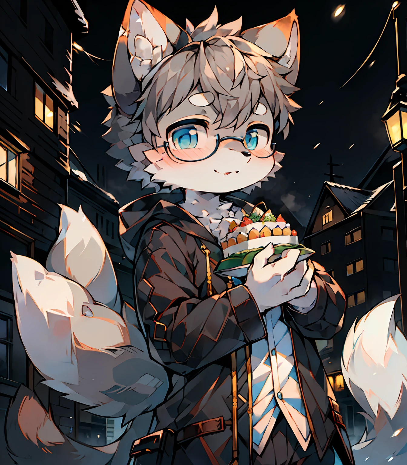 Highest image quality,A masterpiece,Delicate hands,finely-detailed eyes,Normal eyes,Black-framed round glasses,Gray cat ears,Furry,Gray hair,adolable,Handsome,Cat style,Shota, Blue pupil, city night scene, Gray hair, By bangs,Dappled light and shadow, short detailed hair,ember,There are bright eyes of God, 城市,winter background,2022,Outfit in black,独奏,Melon seed face,happy birthay,The birthday cake,Birthday