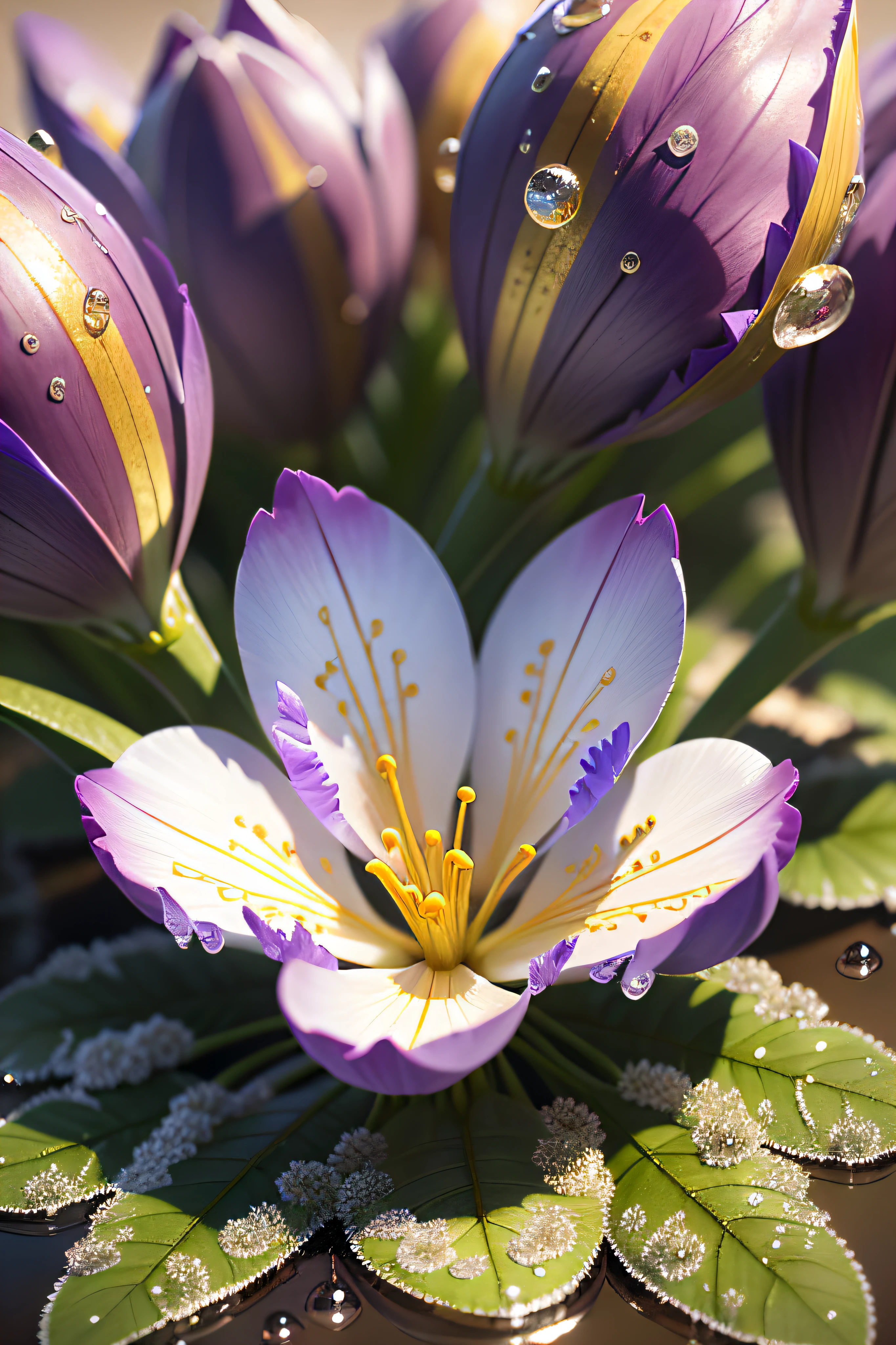 purple crocuses with dew drops, bright leaves and stems, golden ice, purple background, glow, high-detail, full detail, high resolution, glow, rendering, photorealism, 55mm, volumetric lighting, ray tracing, reflections