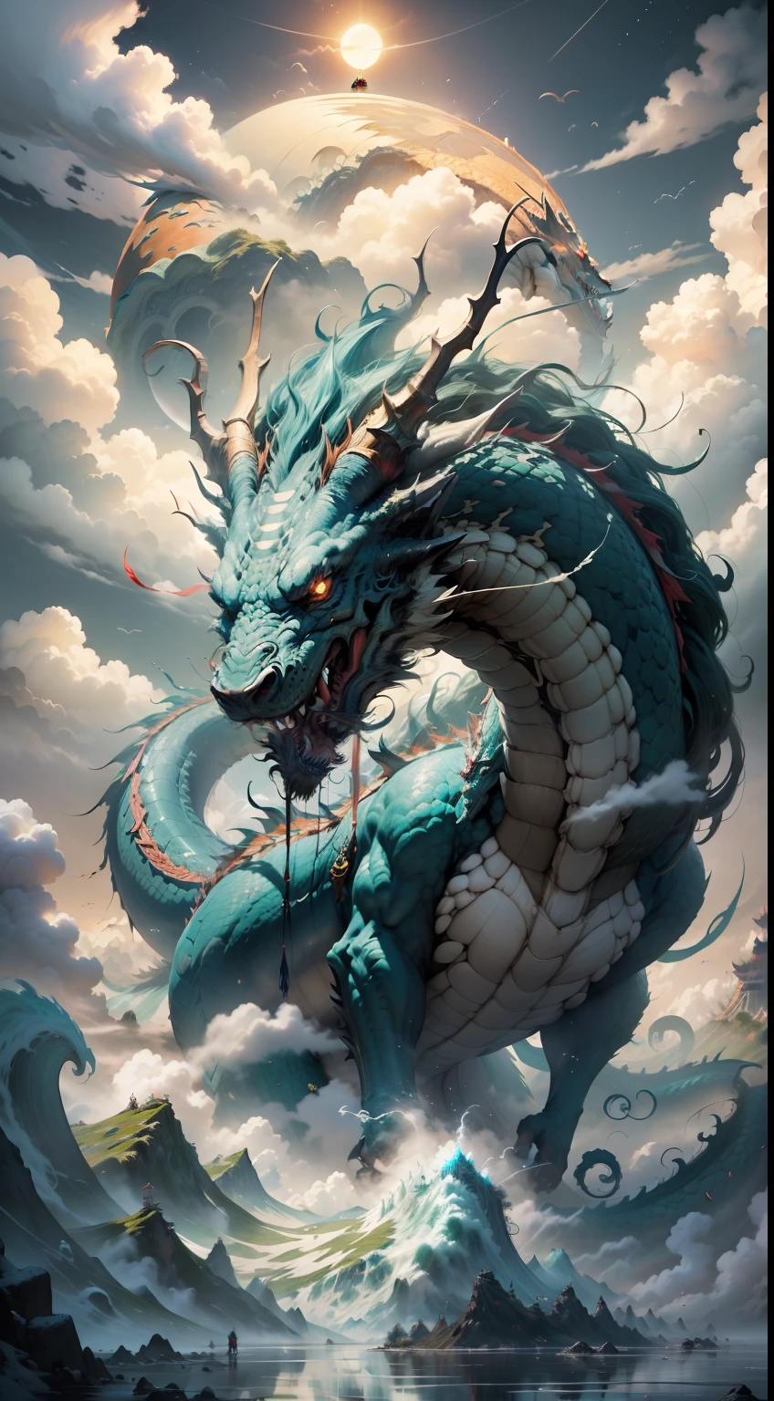 A huge dragon like a mountain devours the sun and the moon, its figure appears in the clouds, the black water is surging, (the waves rush to the sky), the fairy mountain island, (the pavilion is in the clouds in mid-air), ((clouds and mist)), roaring, fierce, ((Chinese mythology)), high quality, ultra-fine, detailed, accurate, (masterpiece), master work, (16k resolution), movie lighting, dynamic perspective
117/2000