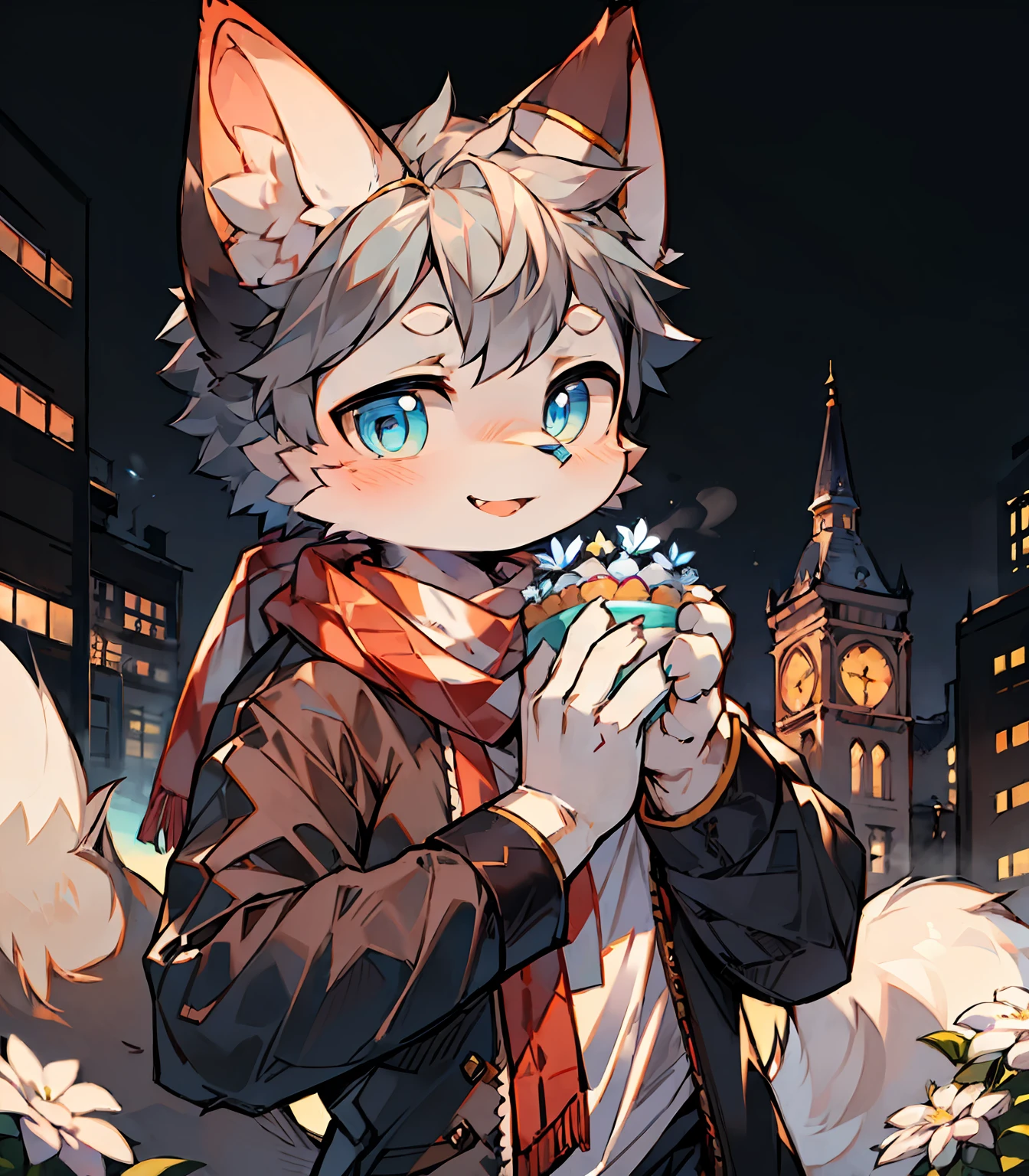 Highest image quality，A masterpiece，Delicate hands，finely-detailed eyes，Normal eyes，Gray cat ears，Furry，Gray hair，adolable，Handsome，（（White scarf）），Cat style，Shota， Blue pupil, city night scene, Gray hair, By bangs，Dappled light and shadow, short detailed hair，ember，There are bright eyes of God, 城市，winter background，2022，Outfit in black，独奏，Melon seed face，snowflower，rcasual，happy birthay，The birthday cake，Birthday