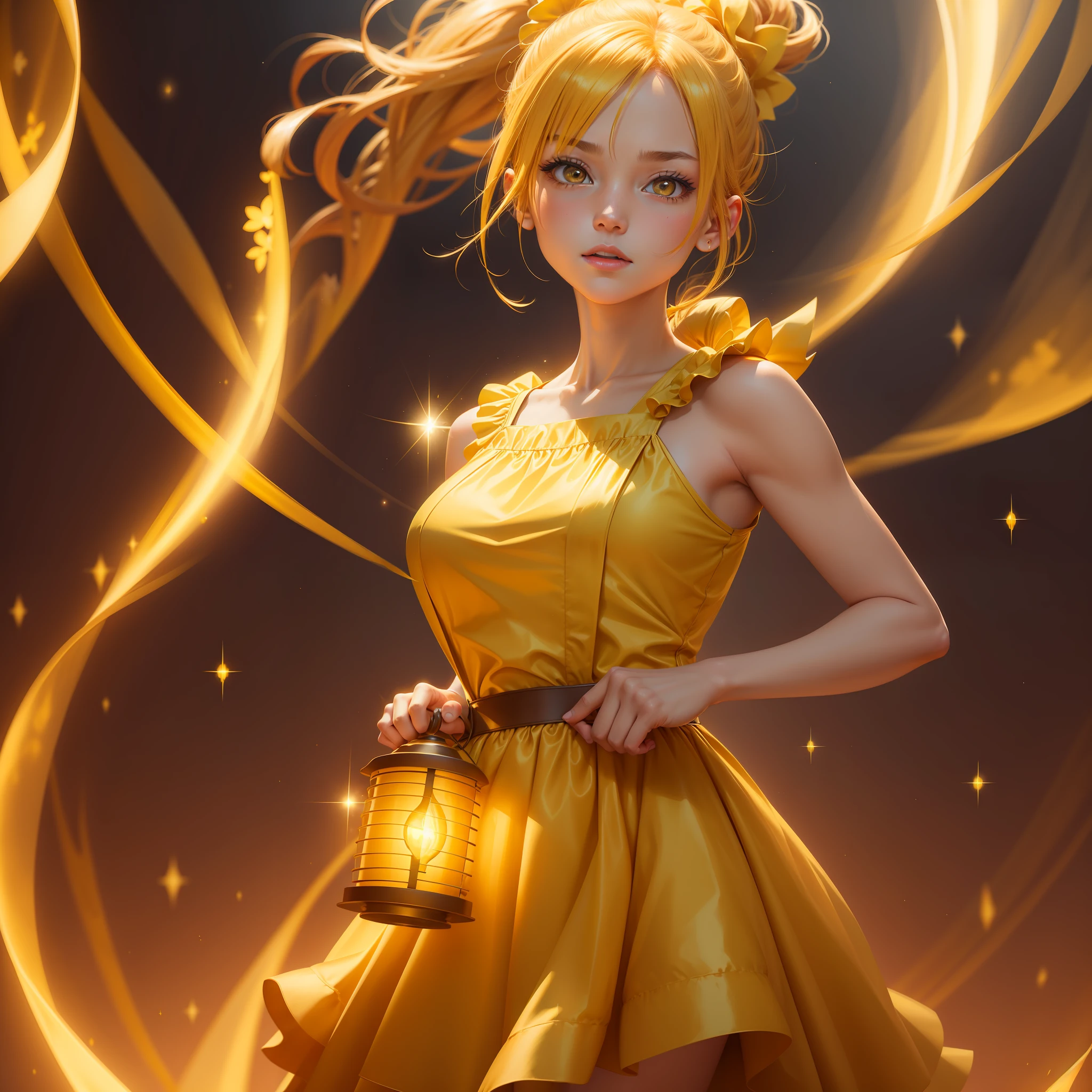 Yellow double ponytail hair, Shining love pupils, Wearing a yellow dress, Holding a glowing lantern in hand，annoyed, Color field painting, Sparkle, full bloom, hyper HD, Textured skin, High quality, A high resolution, Best quality, Award-Awarded, Super detail, Masterpiece