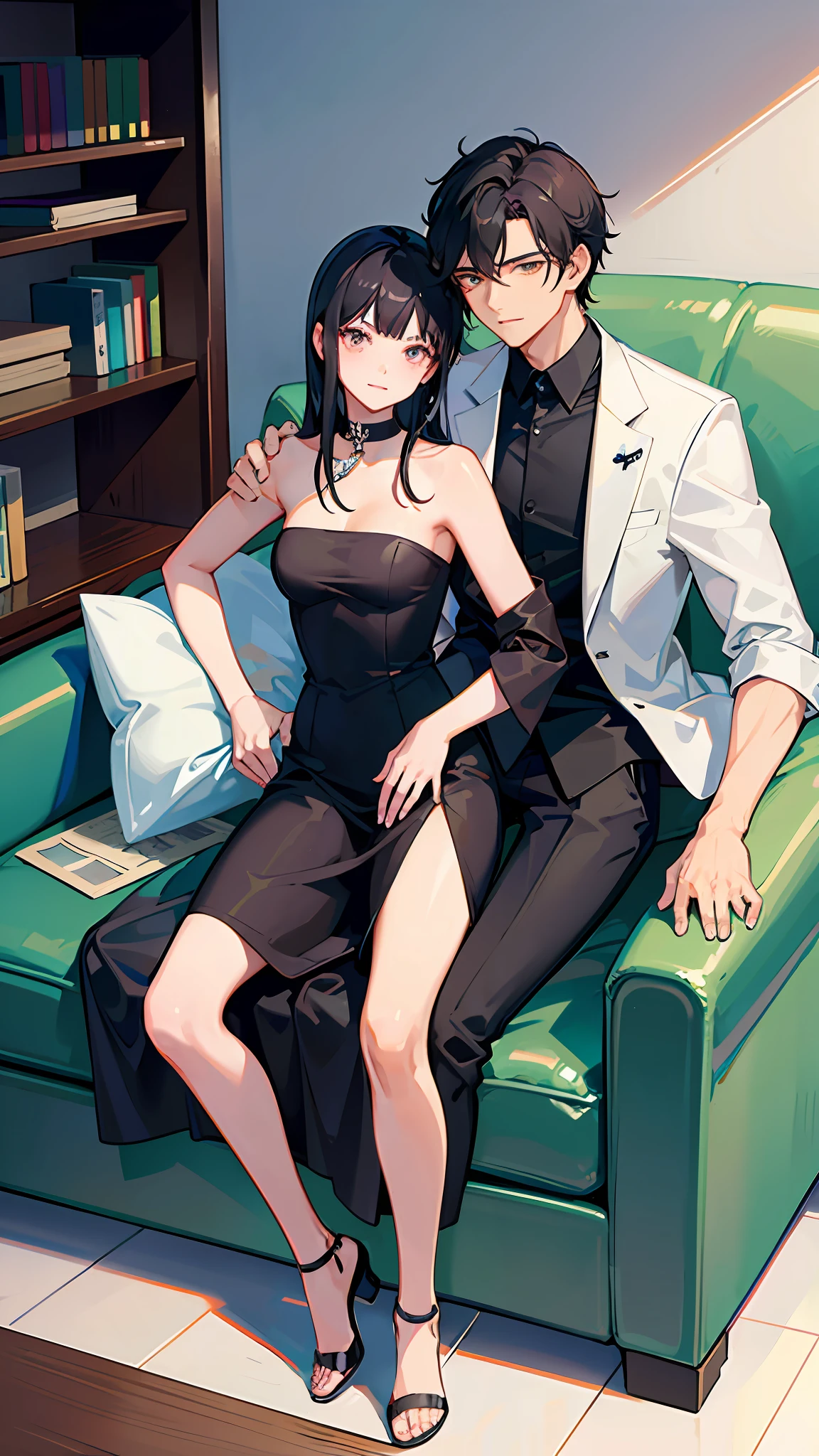 A handsome boy with black hair in a suit and a girl with long black hair in her arms holding a bandeau dress lie on the sofa