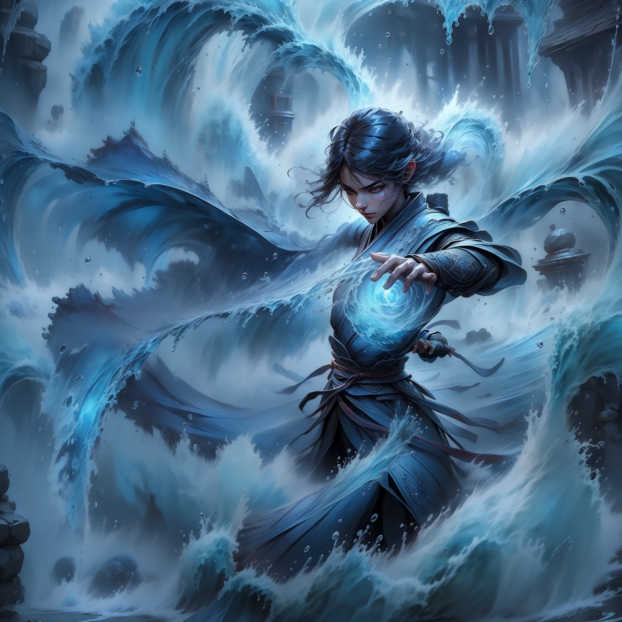 1 girl, Mage uniform,Martial artist,Fighting posture,((drippy)),Wet clothes,((beautiful detailed water)),((Floating)),Dynamic Angle,(((Masterpiece))), (((Best quality))), ((Ultra-detailed))