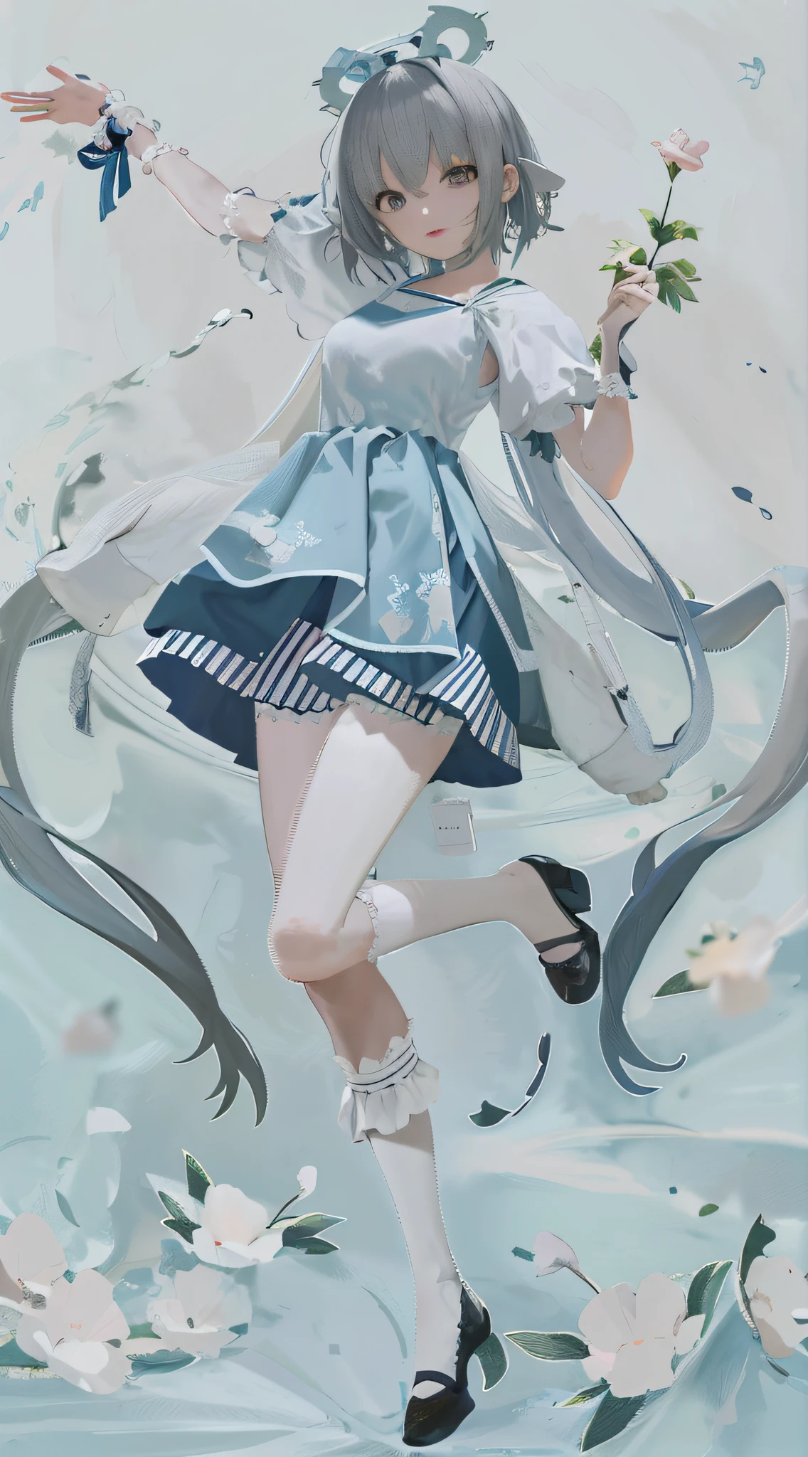 Anime girl in blue dress,Holding a flower in hand, cute anime waifu in a nice dress, in dress, (Anime girl), Soft anime illustration, Digital art on Pisif , Pisif style, anime art style, anime moe art style, Anime goddess, anime visual of a cute girl, Pisif, Splash art anime Loli