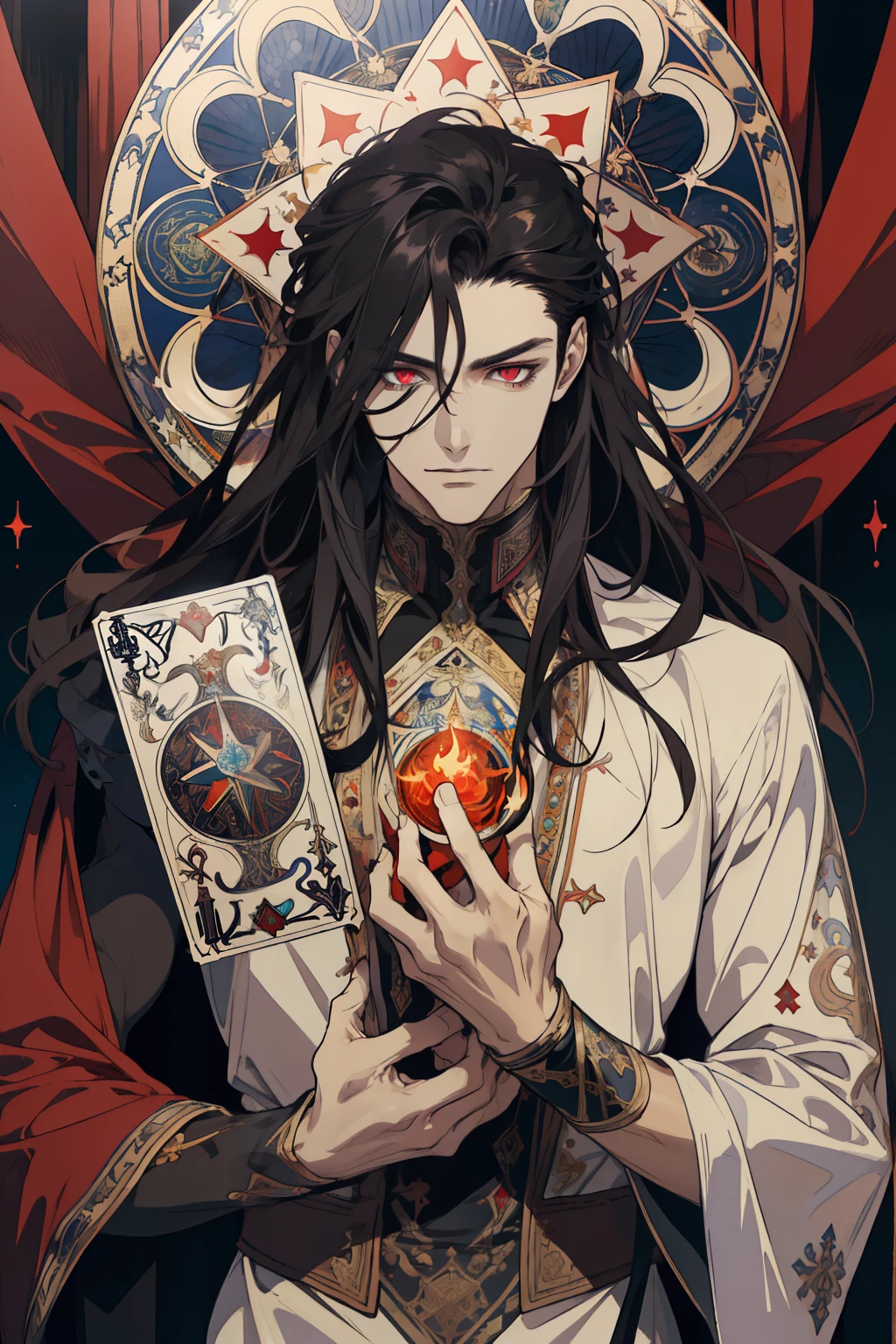 (absurdress, hight resolution, overdetalization), 1 male, grown up, cutest, tall muscular guy, wide shoulders, Detailed eyes and detailed face, beating magic, Winding flame, (Masterpiece, Side light, Fine Beautiful Eyes: 1.2), HDR, (Glowing Red Eyes)), (glowing tattoo), Handsome long-haired man, black hair, musculature, Sateen, a handsome, facing the camera, Masterpiece Durak \tarot\, bard, clown, Symbolism, visual art, occultism, Universal, Vision Casting, Philosophical, Iconography, Numerology, Popularity, an artistic, by Alphonse Mucha