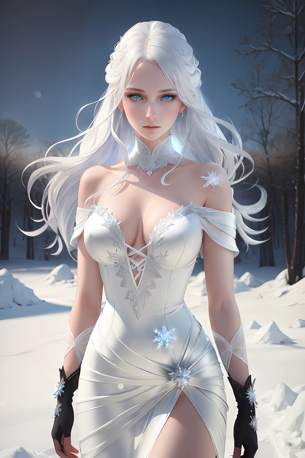 A girl, Slender figure, intricate dress, Lush breasts, Mistress of the Ice, the wind, frost, white colored hair, Cyan eyes, snowflakes, cold gaze, gems, hiquality, Detailed study, Soft rendering, realistness.
